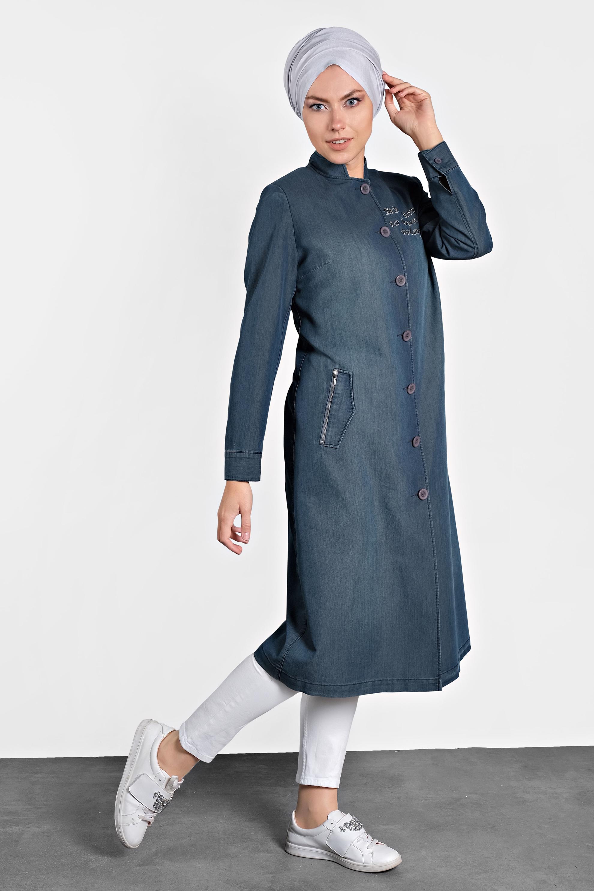 Tesettür giyim LACİVERT DÜĞMELİ DENİM TRENÇKOT 1097 