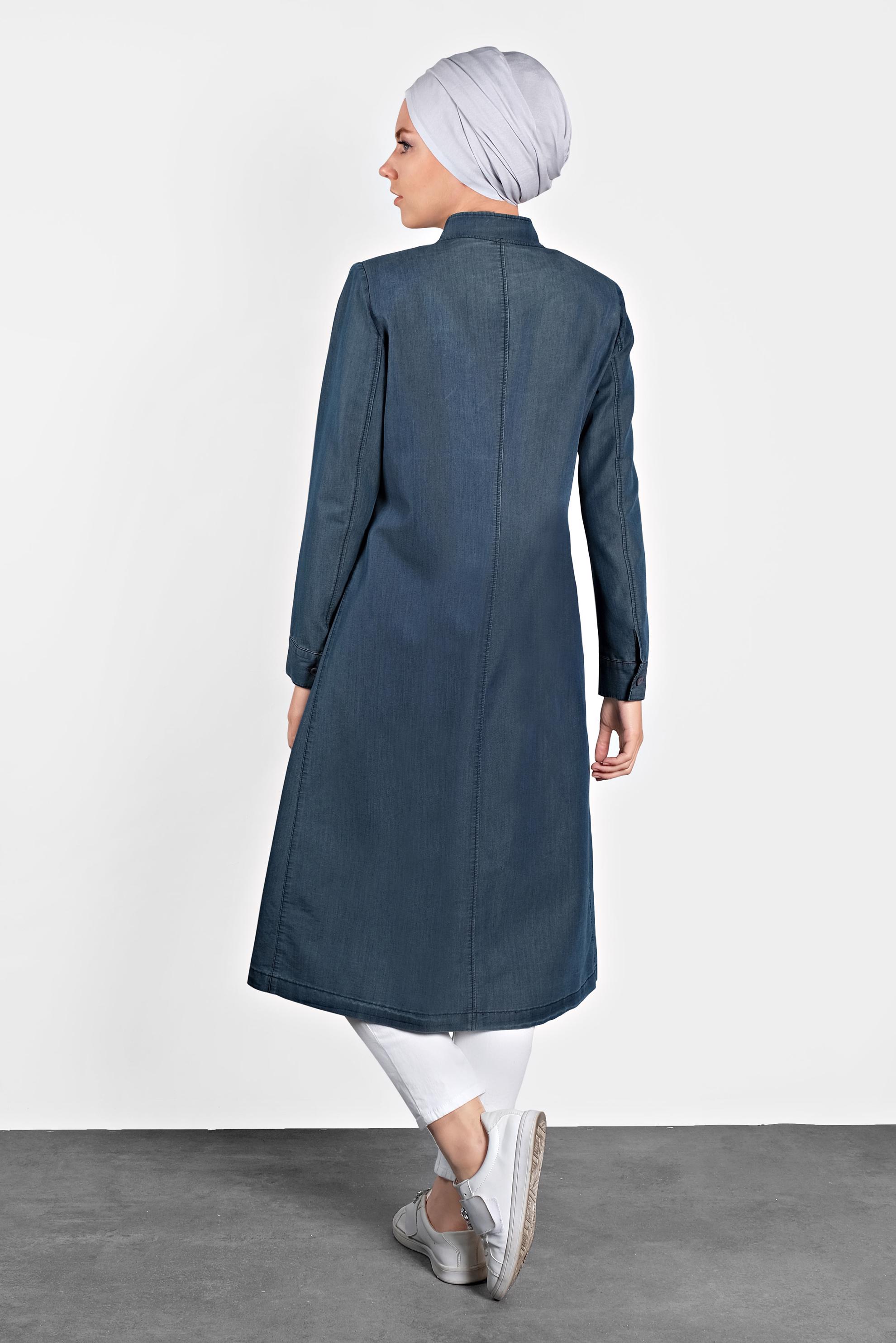Tesettür giyim LACİVERT DÜĞMELİ DENİM TRENÇKOT 1097 