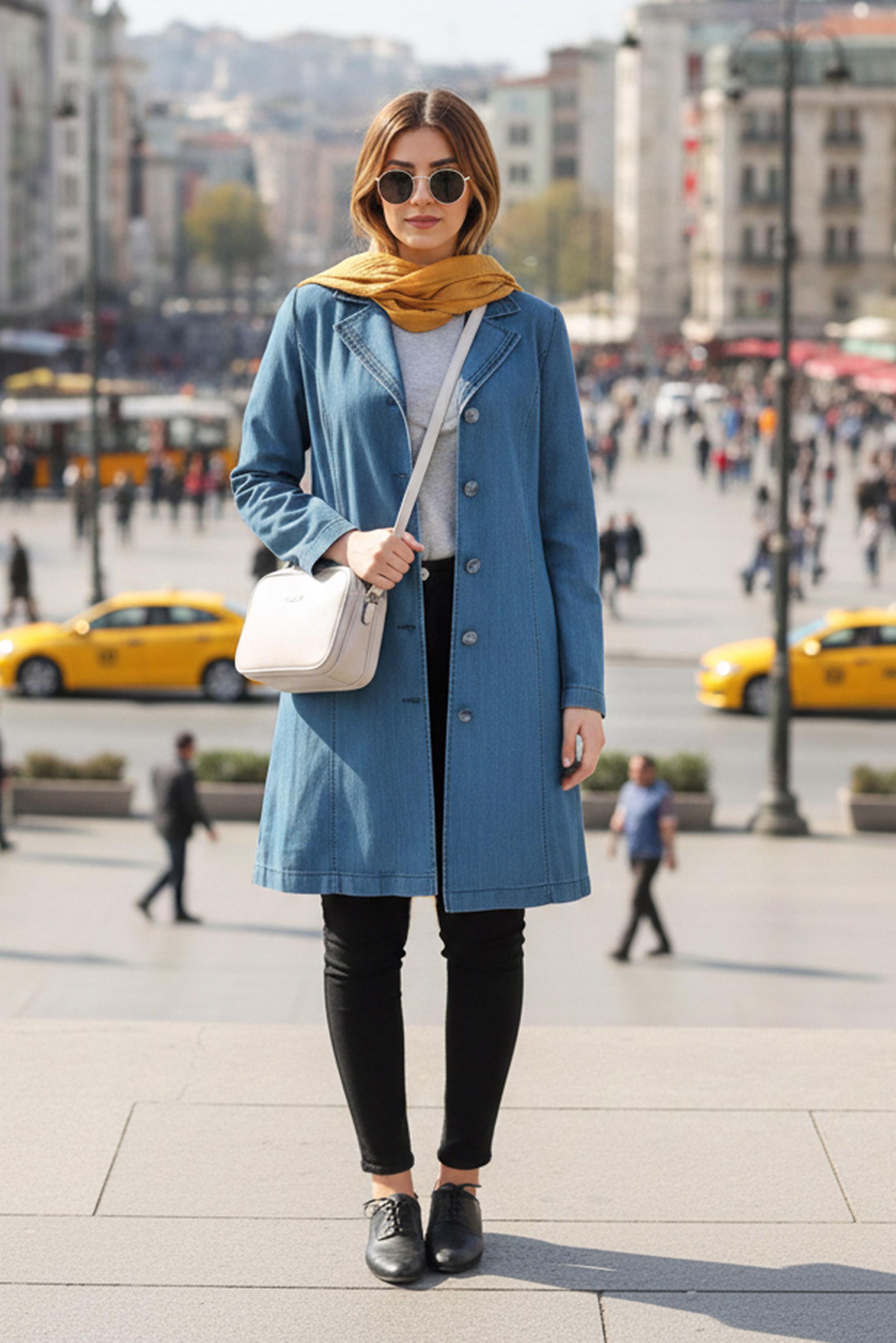 Tesettür giyim LACİVERT KOT KUMAŞ DÜĞMELİ TRENÇKOT 1103