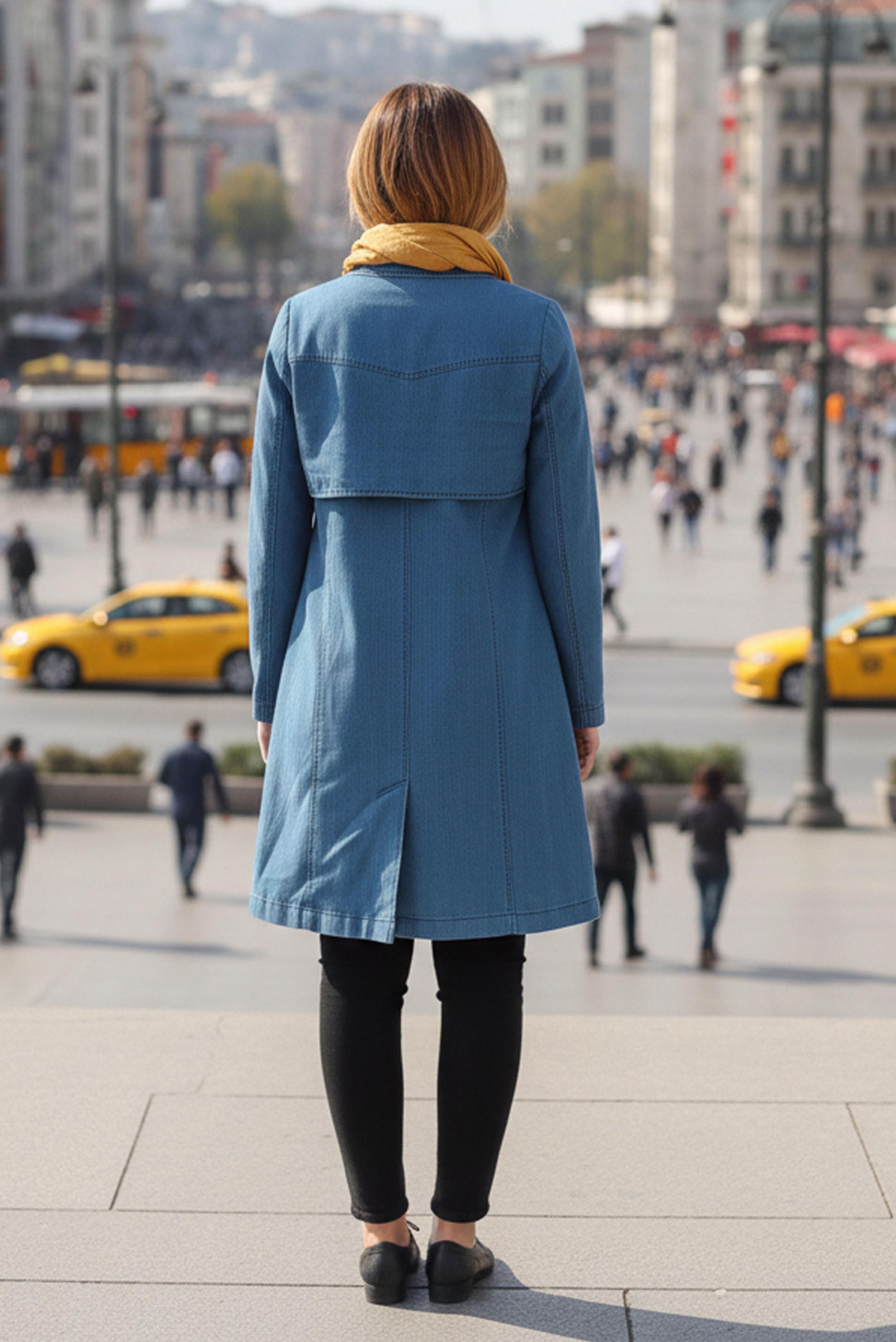 Tesettür giyim LACİVERT KOT KUMAŞ DÜĞMELİ TRENÇKOT 1103