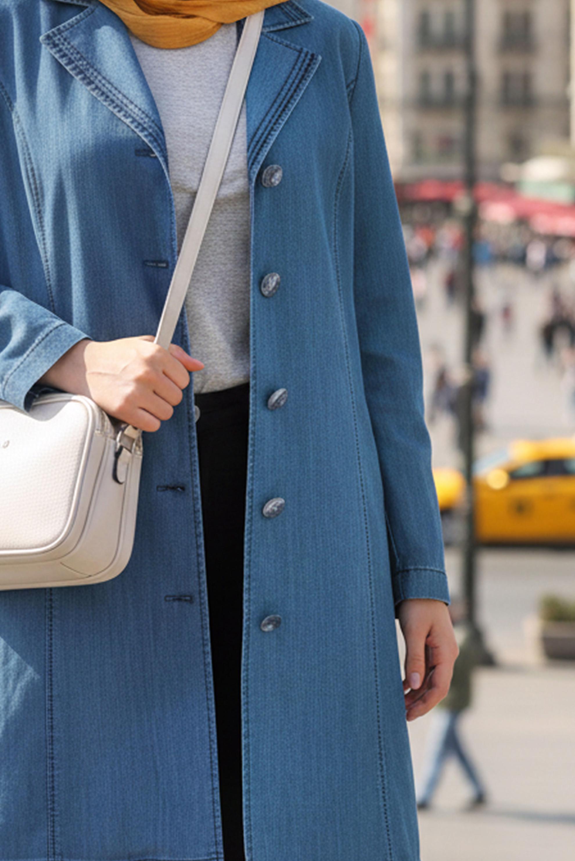 Tesettür giyim LACİVERT KOT KUMAŞ DÜĞMELİ TRENÇKOT 1103