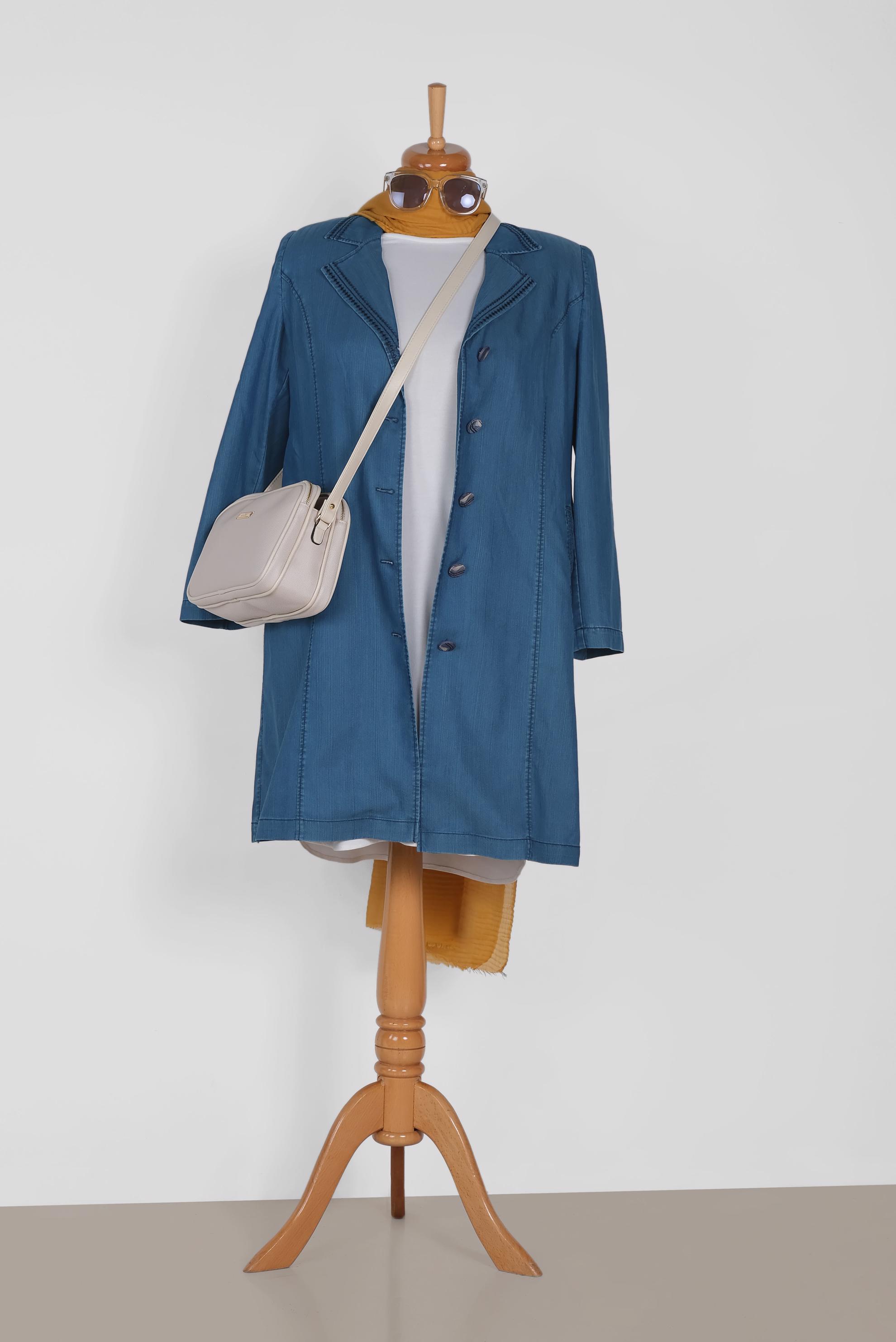 Tesettür giyim LACİVERT KOT KUMAŞ DÜĞMELİ TRENÇKOT 1103