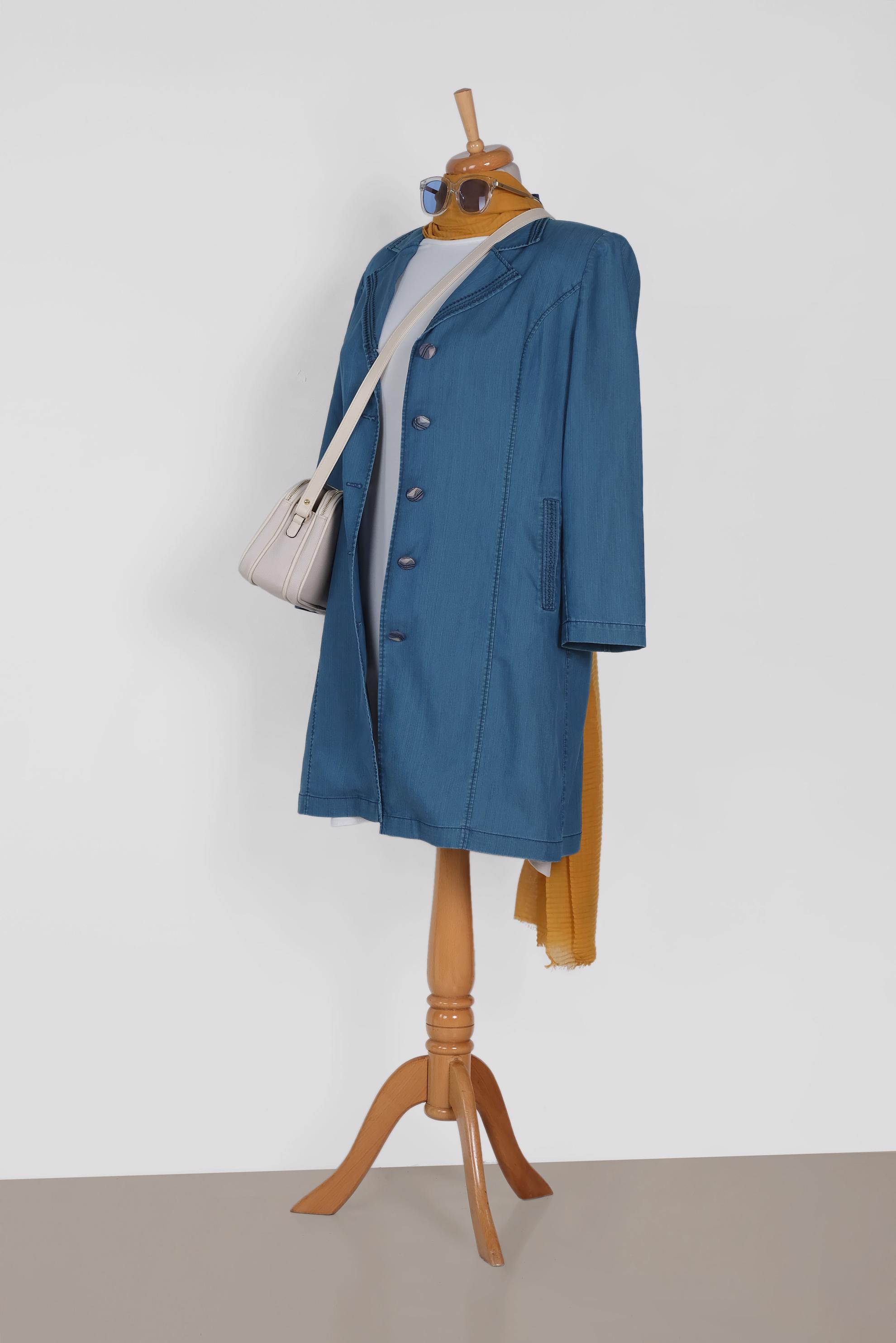 Tesettür giyim LACİVERT KOT KUMAŞ DÜĞMELİ TRENÇKOT 1103