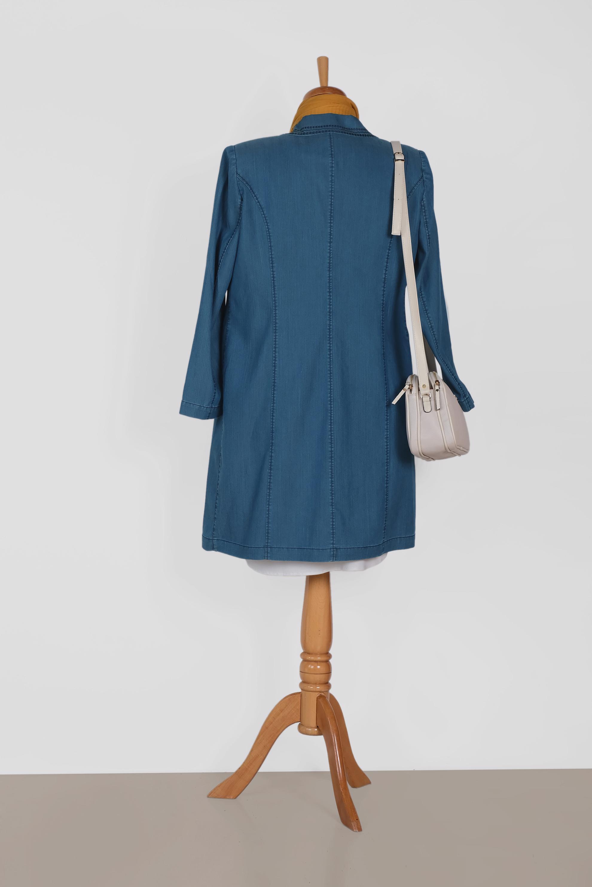 Tesettür giyim LACİVERT KOT KUMAŞ DÜĞMELİ TRENÇKOT 1103