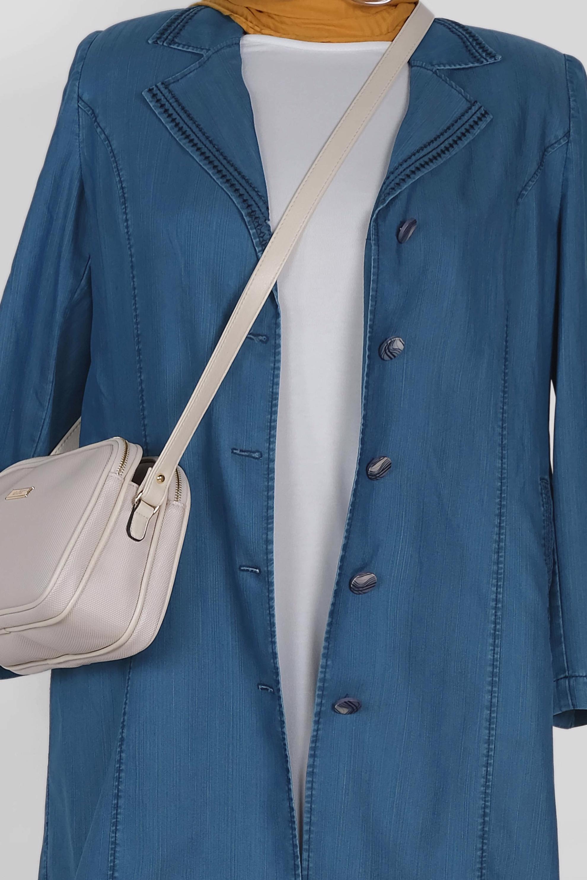 Tesettür giyim LACİVERT KOT KUMAŞ DÜĞMELİ TRENÇKOT 1103