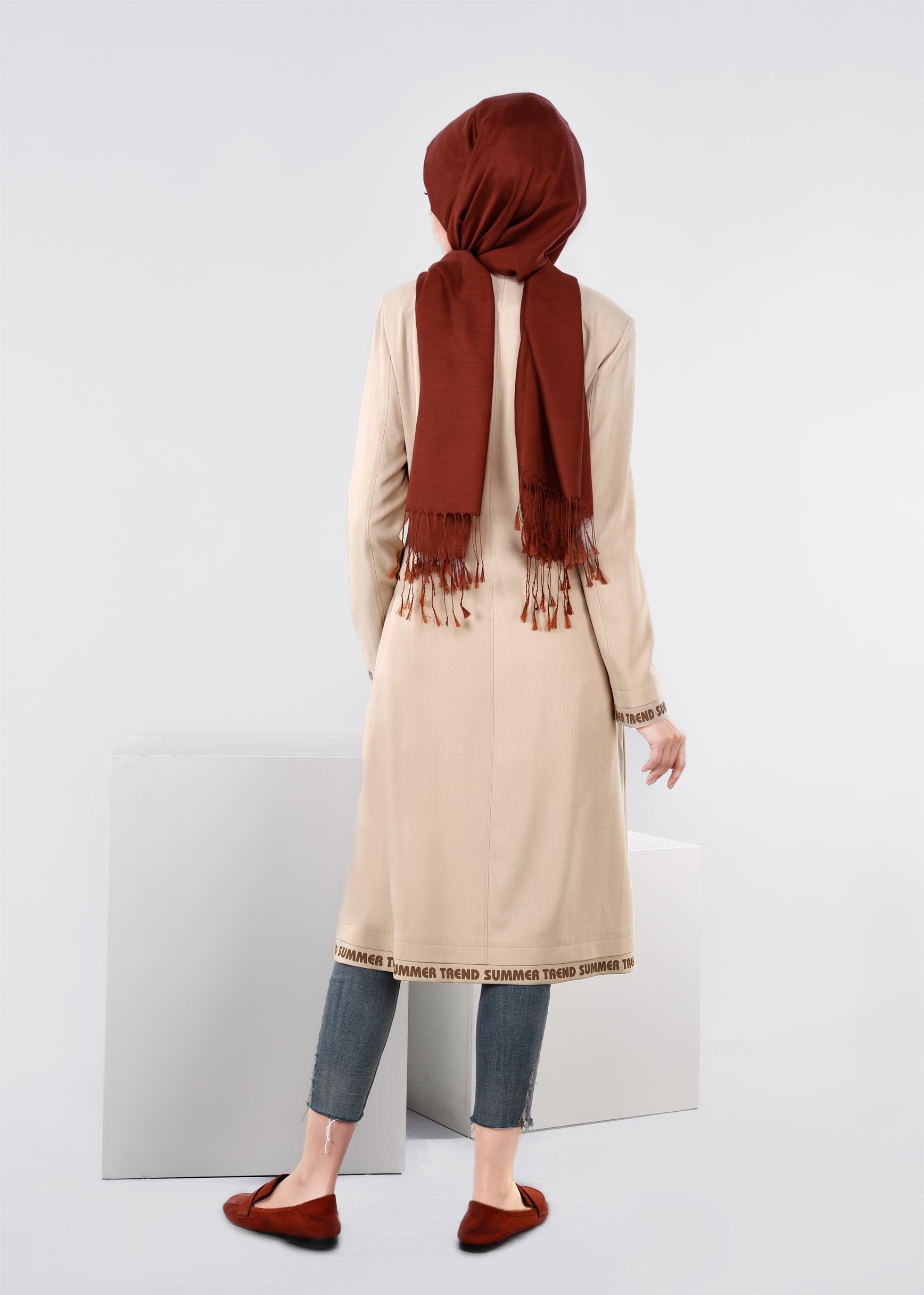 Tesettür giyim BEJ YAZI DETAYLI ÇITÇITLI TUNİK 1104