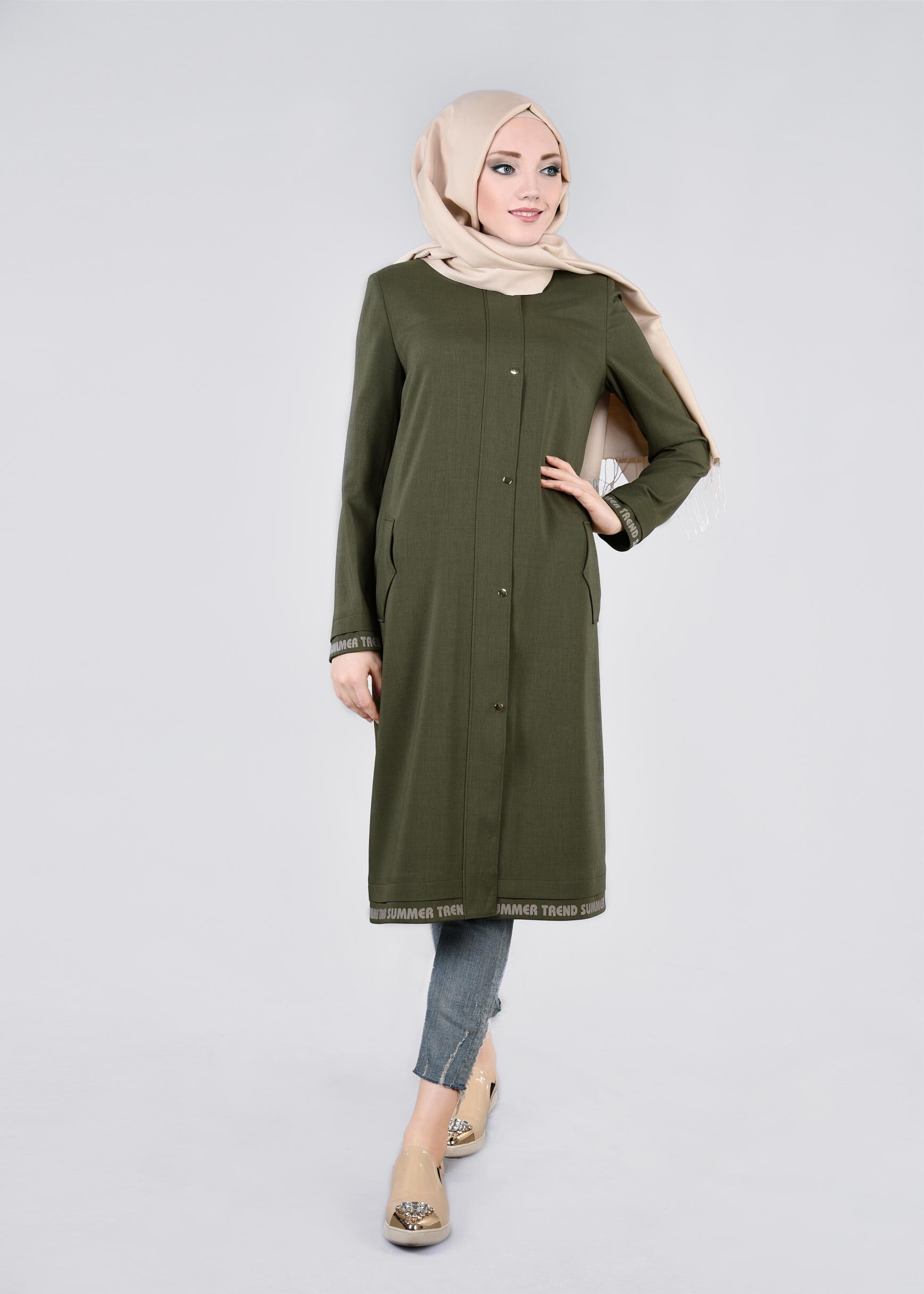 Tesettür giyim HAKİ YAZI DETAYLI ÇITÇITLI TUNİK 1104