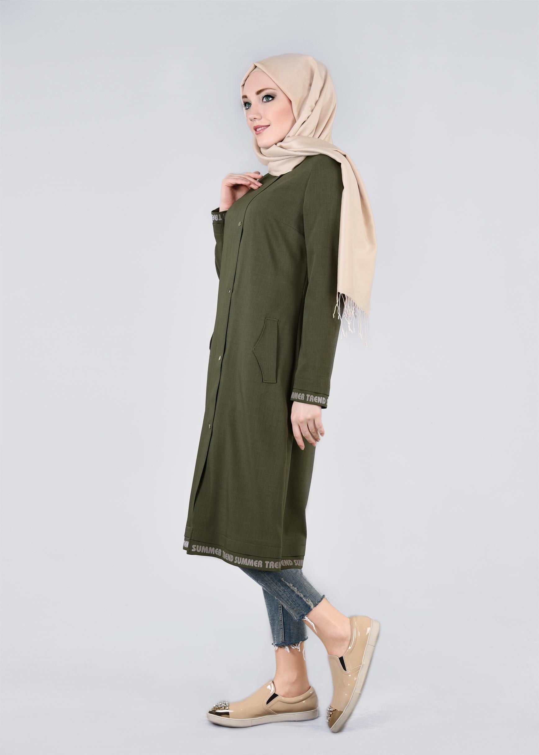 Tesettür giyim HAKİ YAZI DETAYLI ÇITÇITLI TUNİK 1104