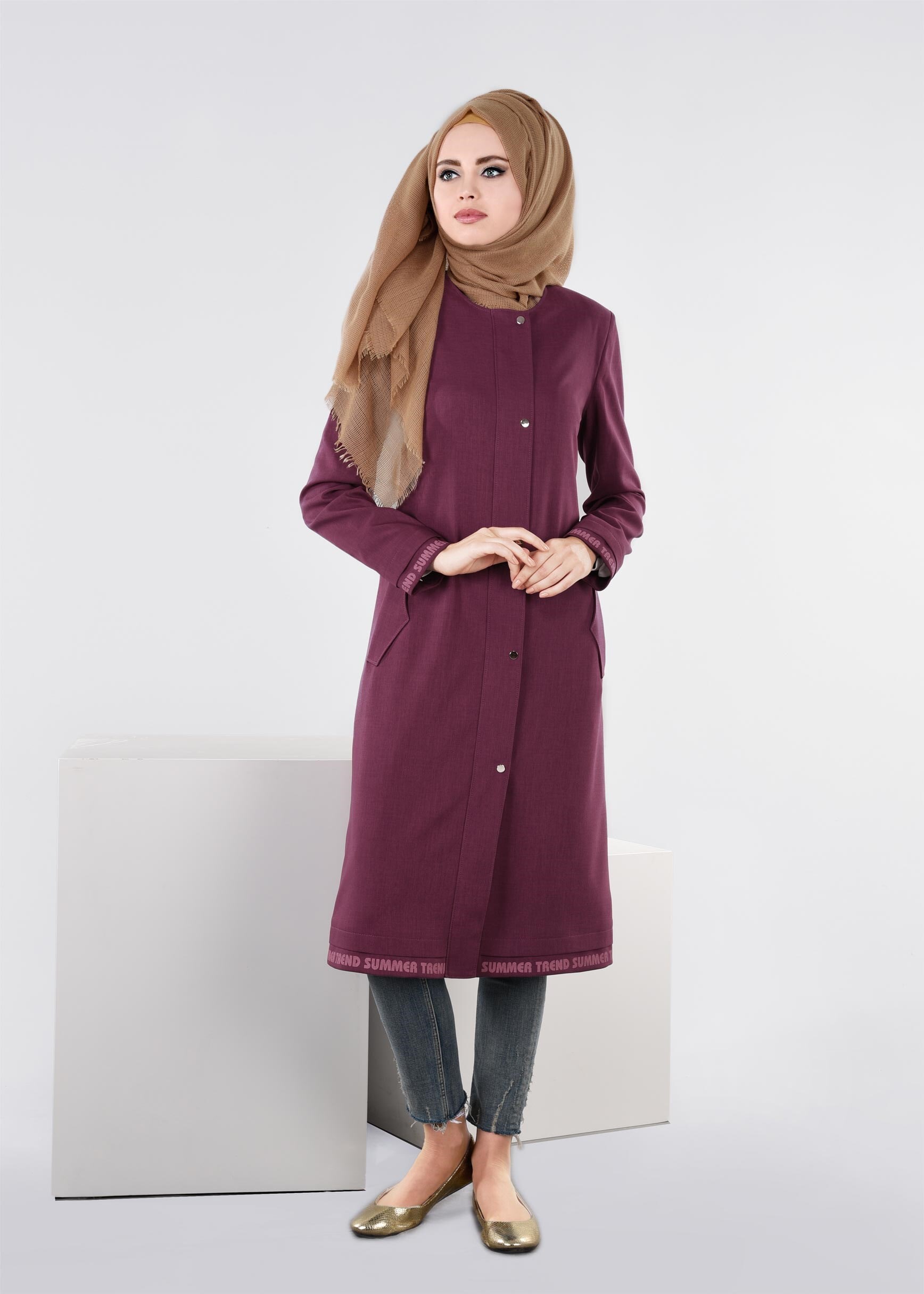 Tesettür giyim MOR YAZI DETAYLI ÇITÇITLI TUNİK 1104