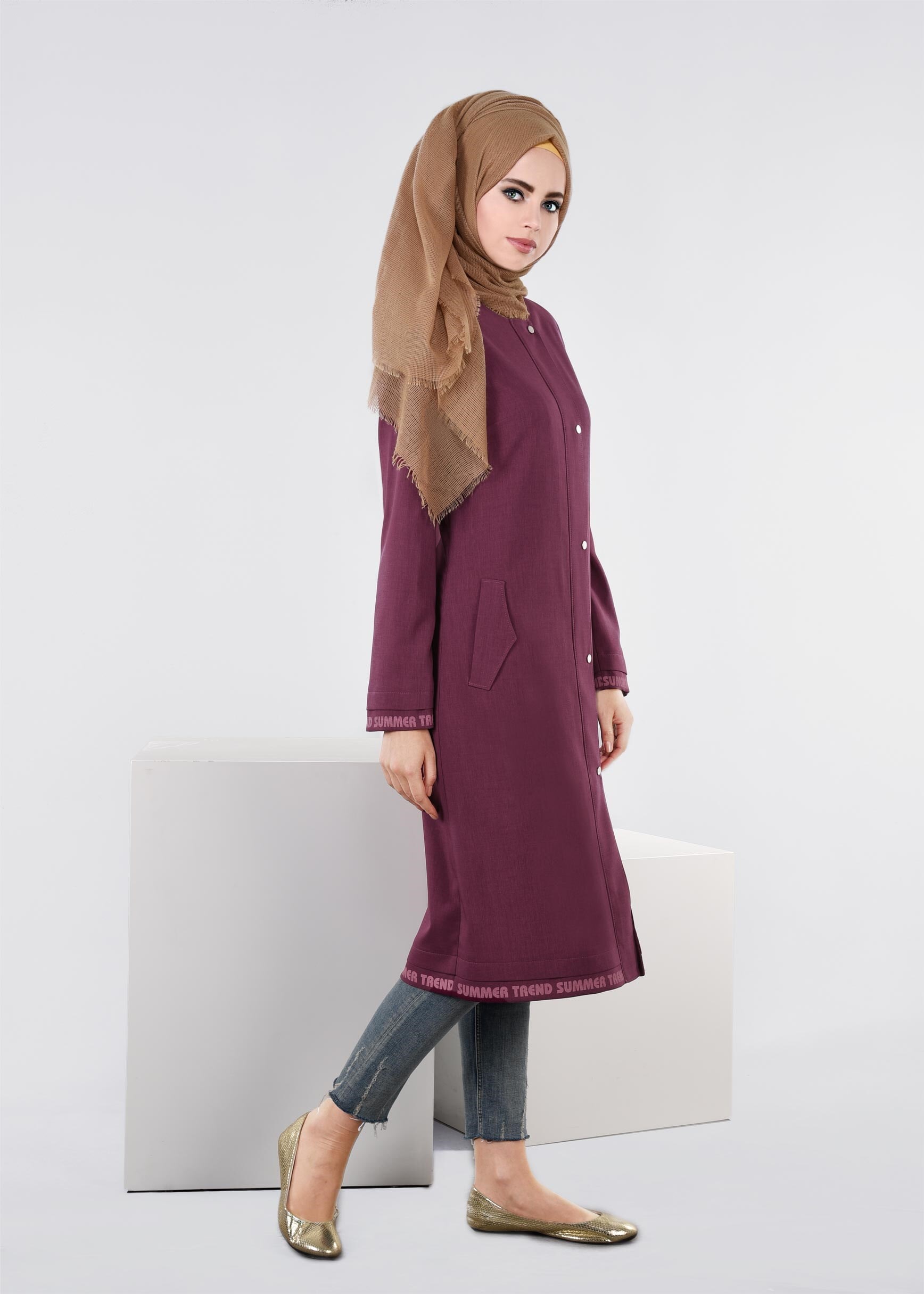 Tesettür giyim MOR YAZI DETAYLI ÇITÇITLI TUNİK 1104