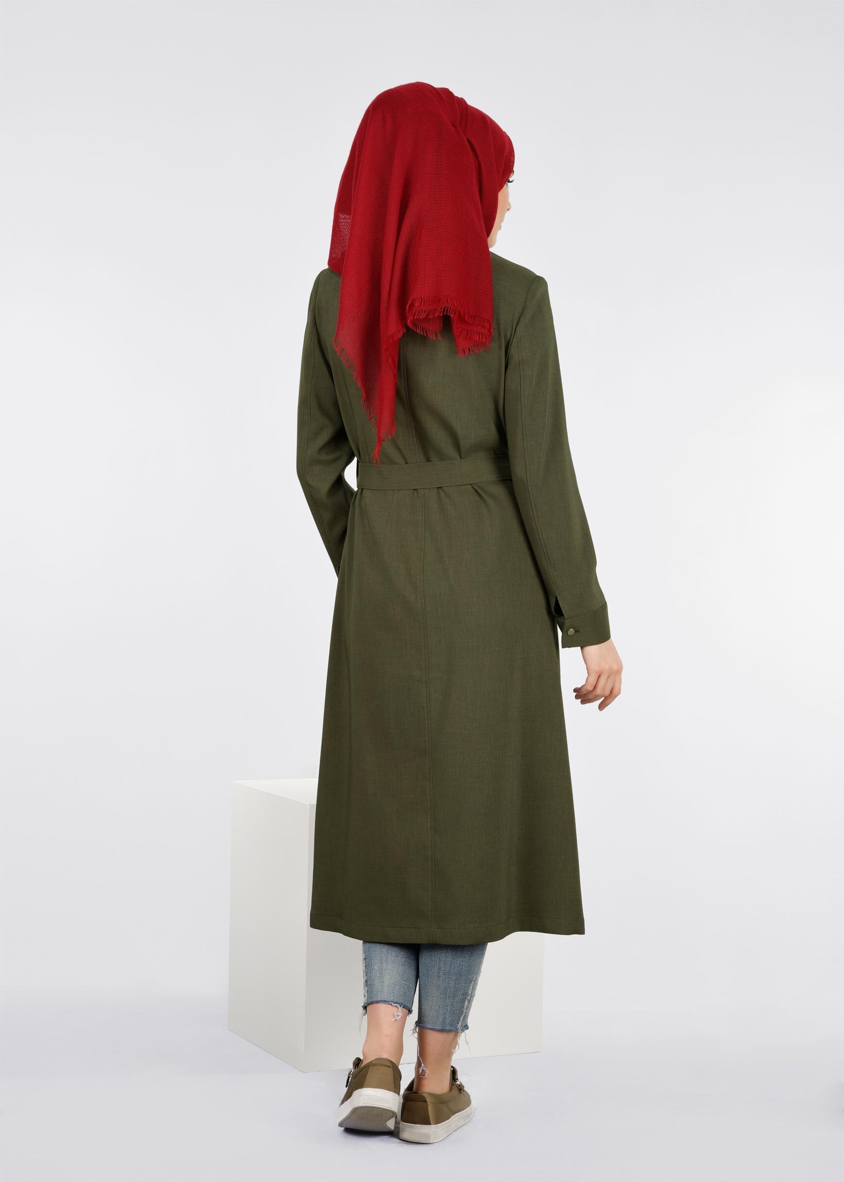 Tesettür giyim HAKİ FERMUARLI BELDEN BAĞLAMALI GÜL DETAYLI TUNİK 1105