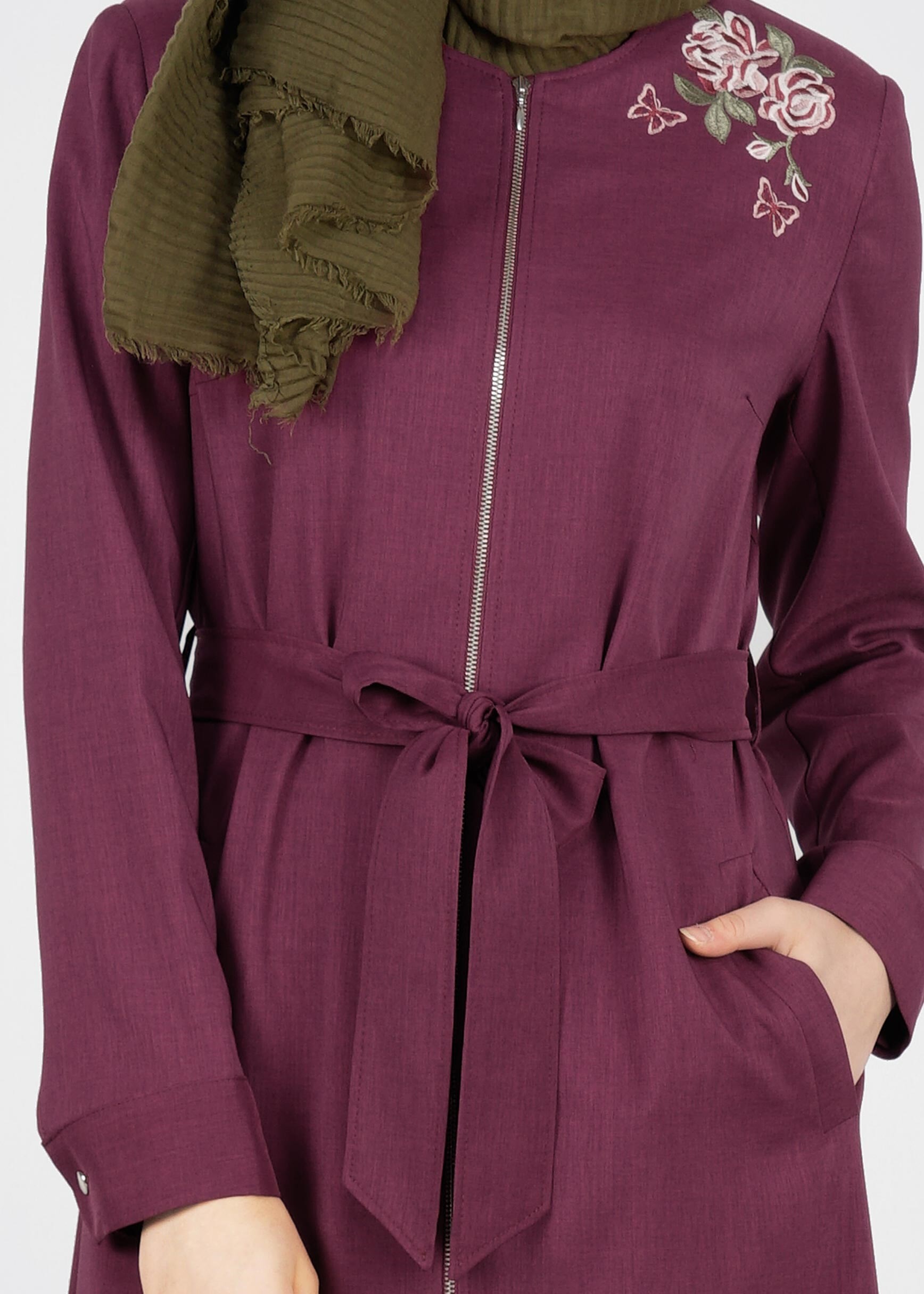 Tesettür giyim MOR FERMUARLI BELDEN BAĞLAMALI GÜL DETAYLI TUNİK 1105