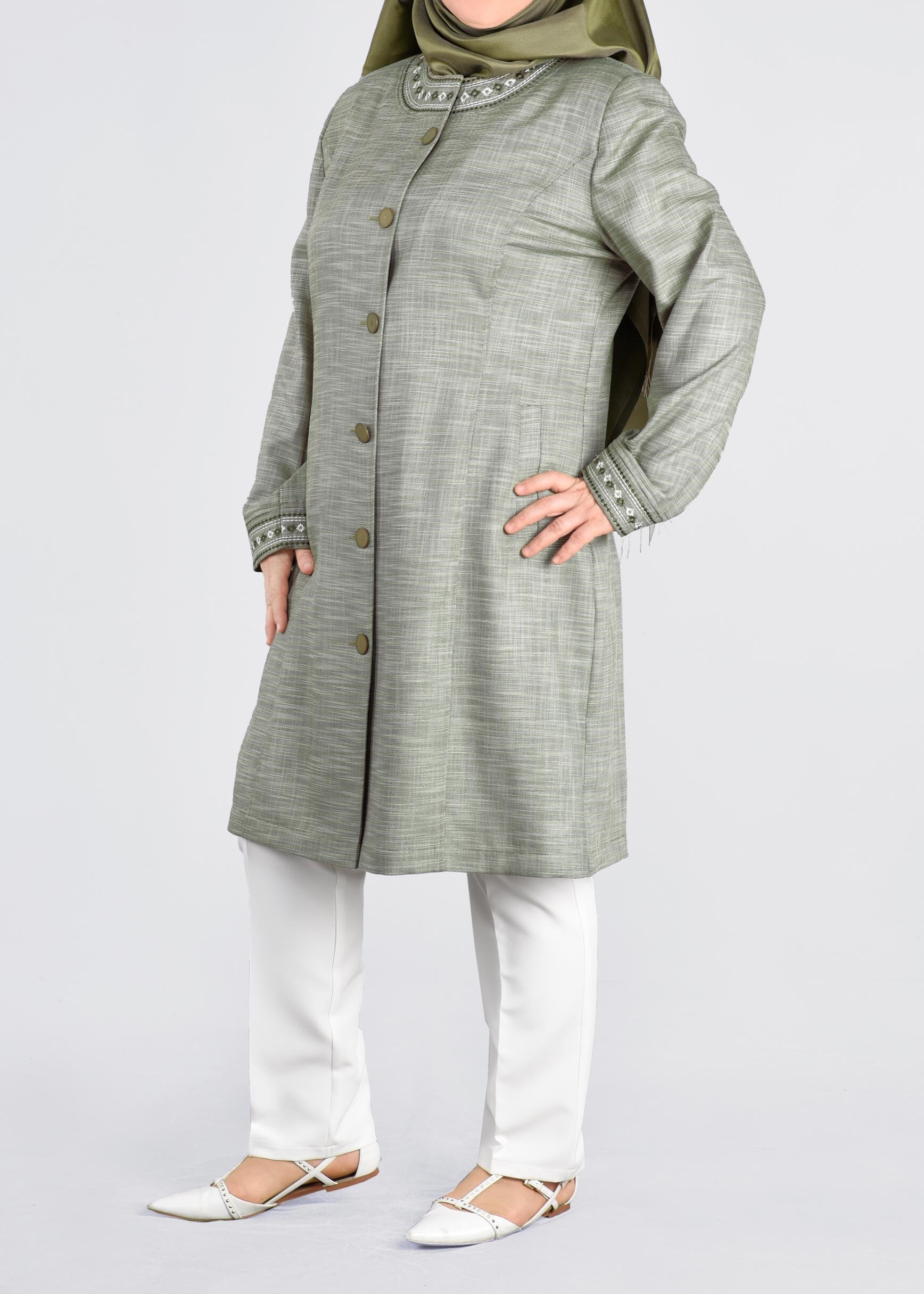 Tesettür giyim HAKİ NAKIŞLI BİSİKLET YAKA TRENÇKOT