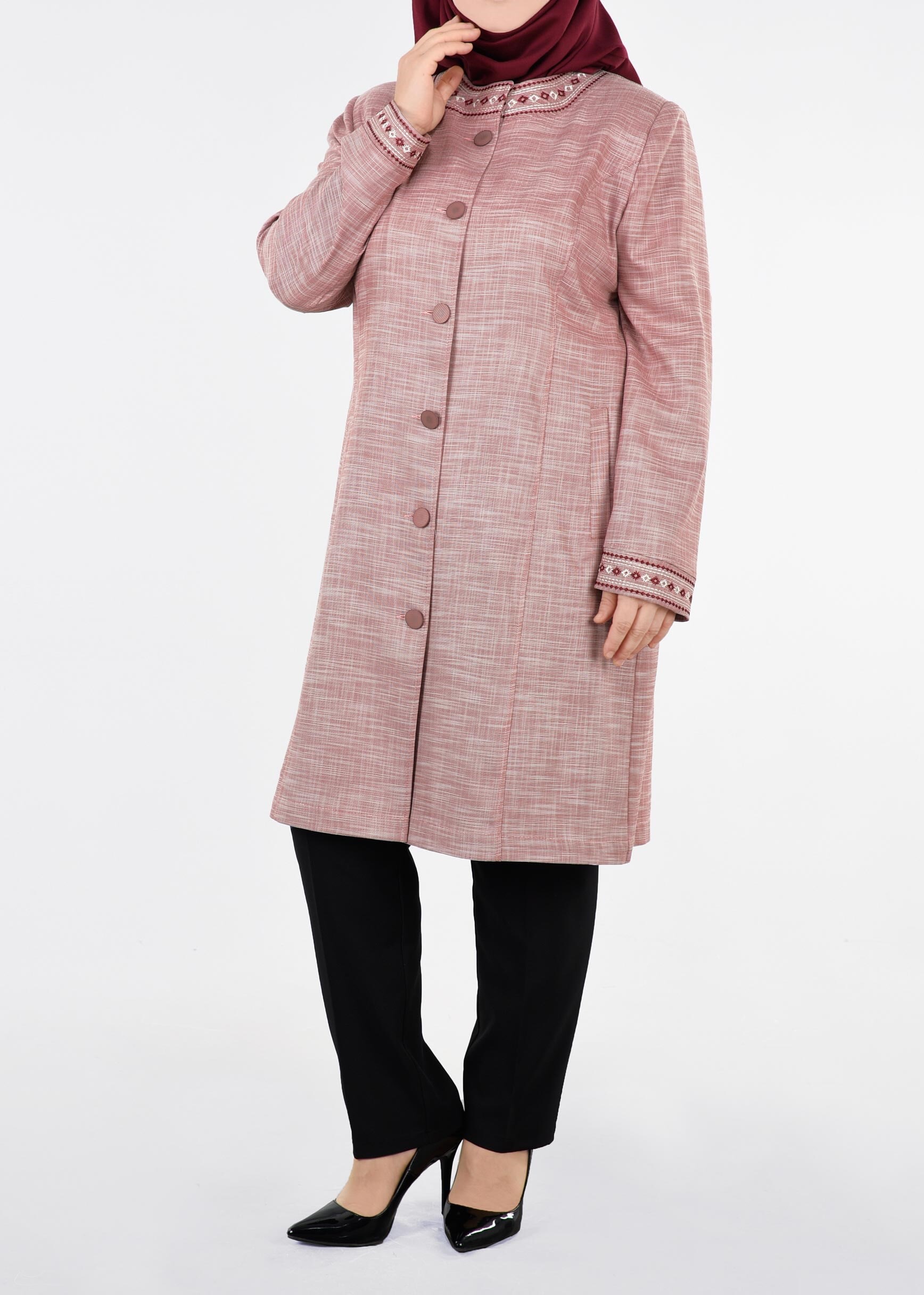 Tesettür giyim TABA NAKIŞLI BİSİKLET YAKA TRENÇKOT