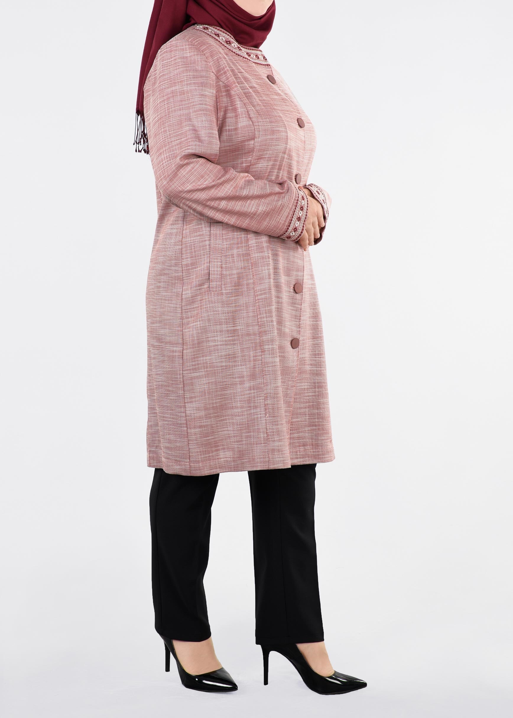 Tesettür giyim TABA NAKIŞLI BİSİKLET YAKA TRENÇKOT