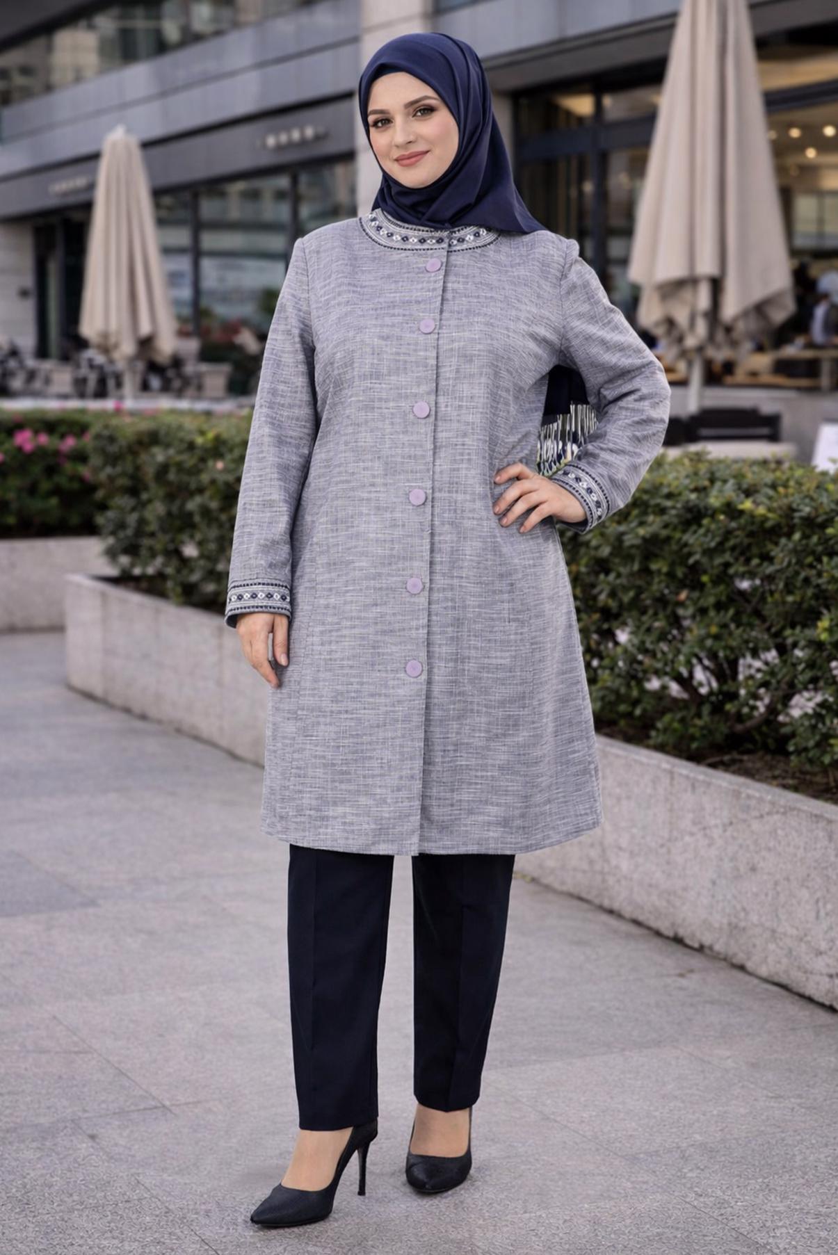 Tesettür giyim LACİVERT NAKIŞLI BİSİKLET YAKA TRENÇKOT 1115