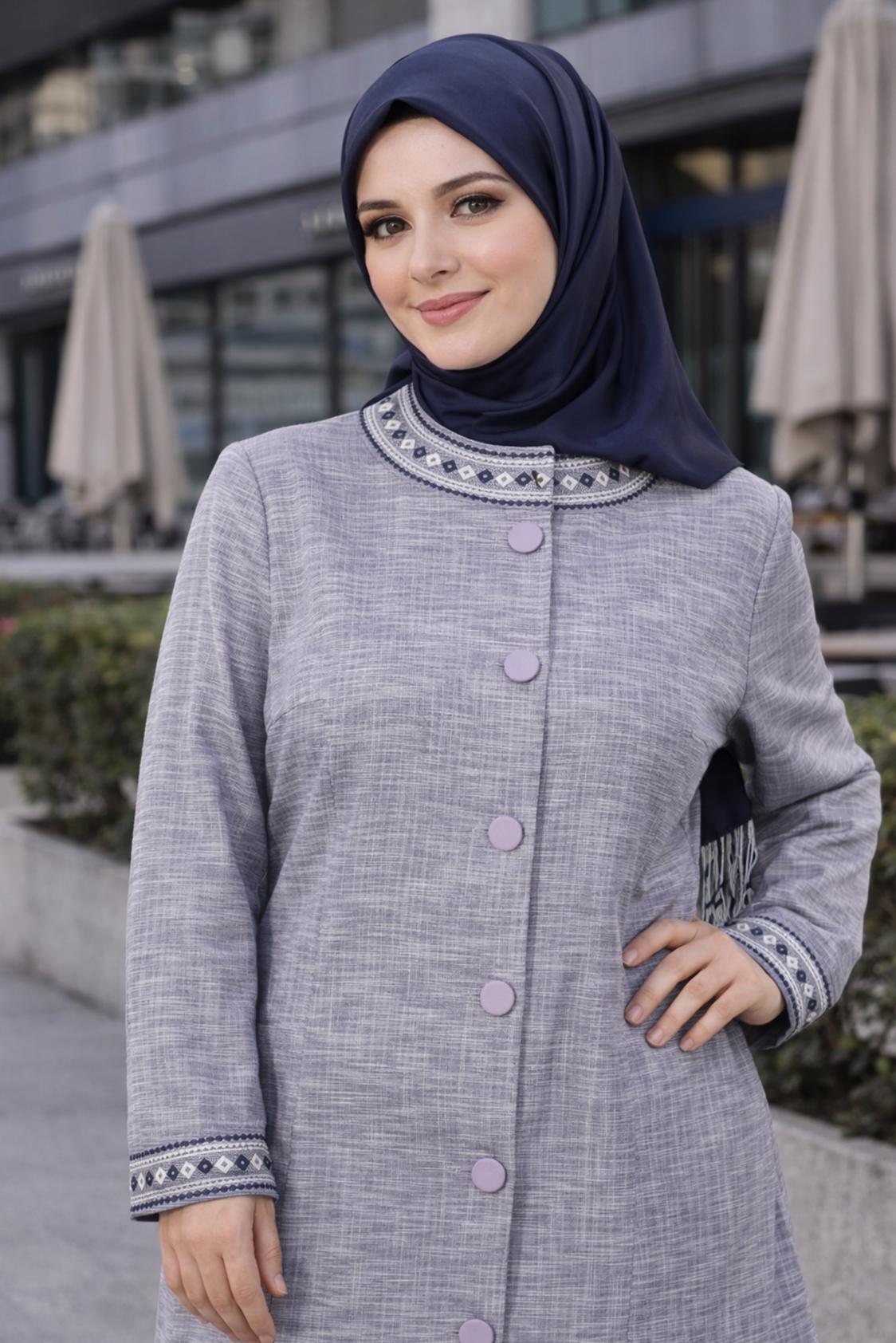 Tesettür giyim LACİVERT NAKIŞLI BİSİKLET YAKA TRENÇKOT 1115