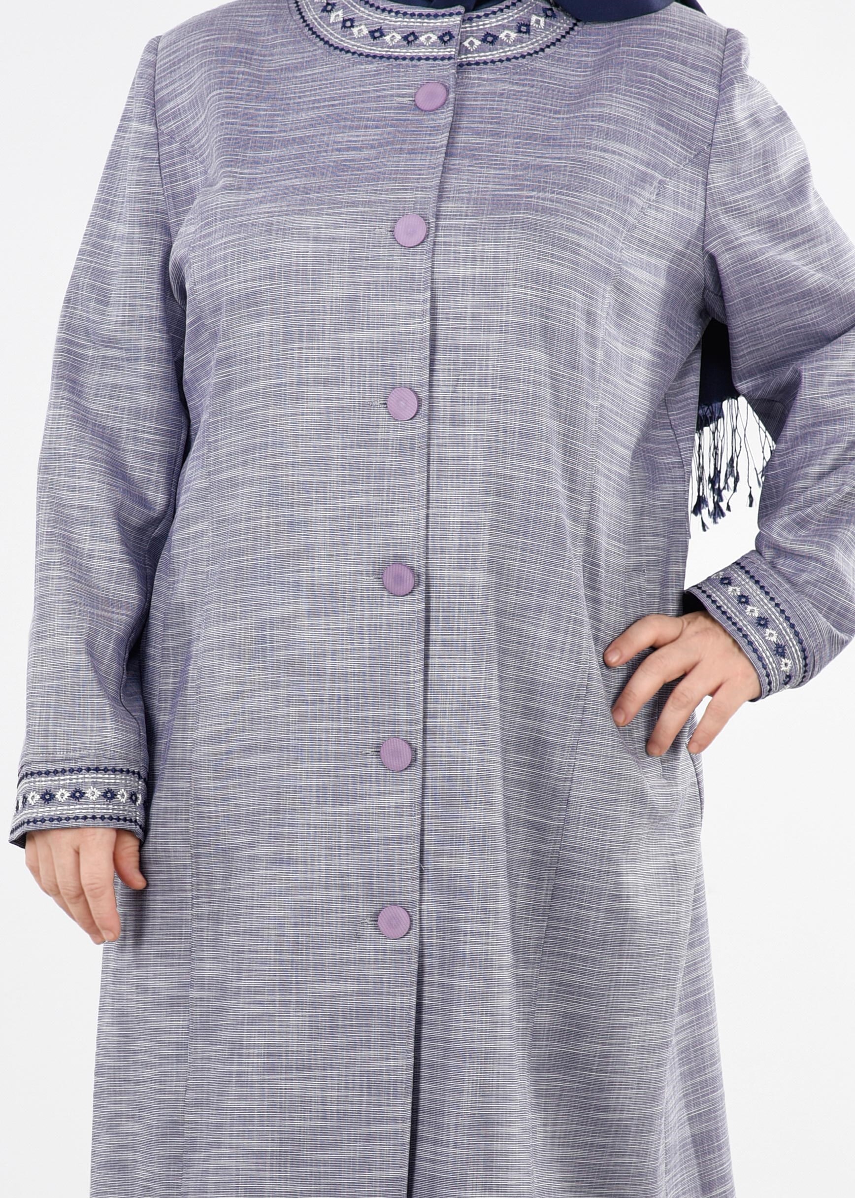 Tesettür giyim LACİVERT NAKIŞLI BİSİKLET YAKA TRENÇKOT