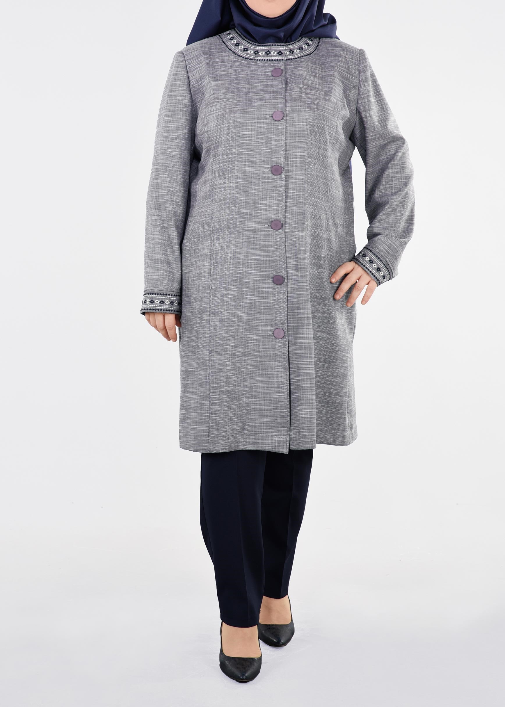 Tesettür giyim LACİVERT NAKIŞLI BİSİKLET YAKA TRENÇKOT