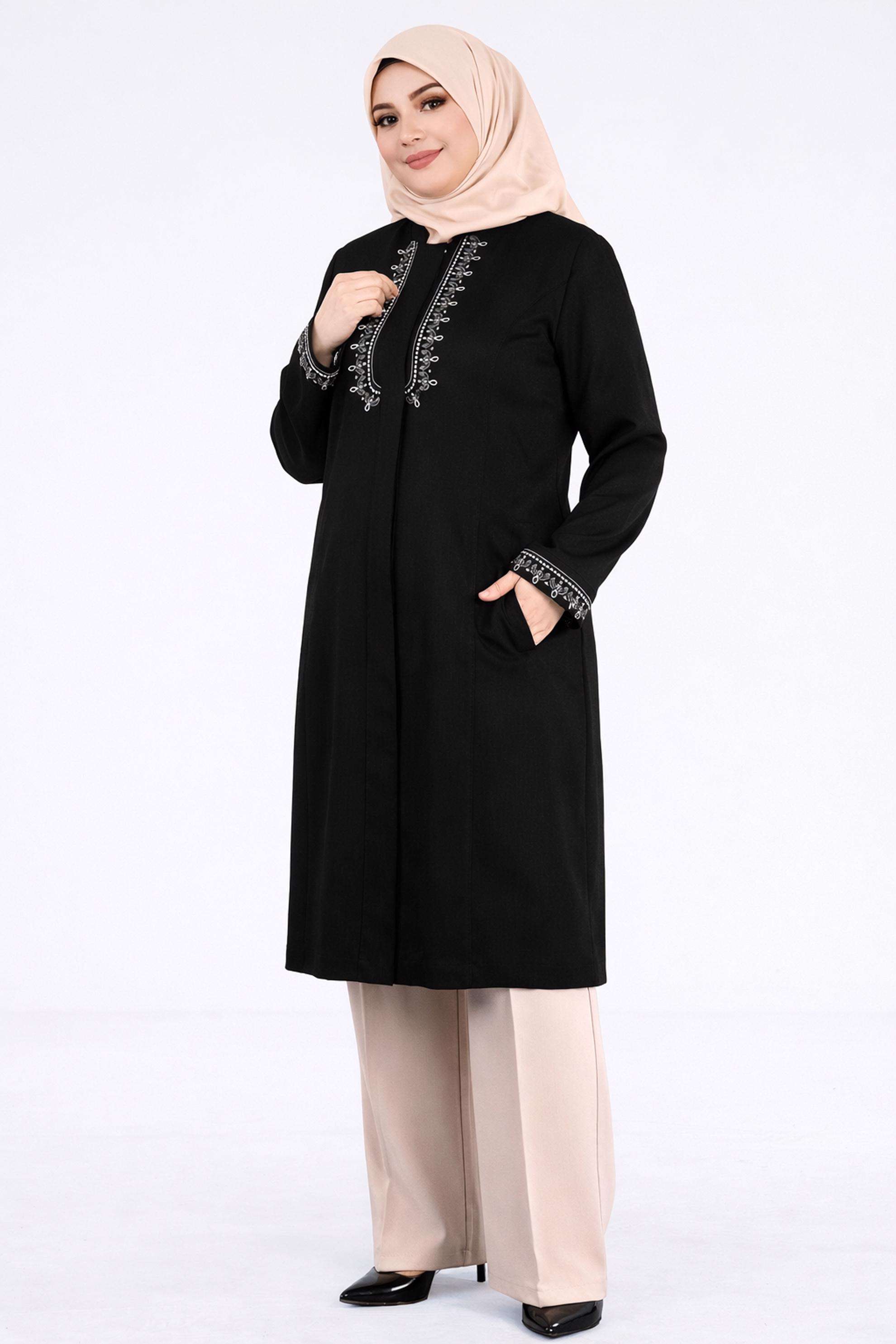 Tesettür giyim SİYAH NAKIŞLI HAKİM YAKA TRENÇKOT 1118 