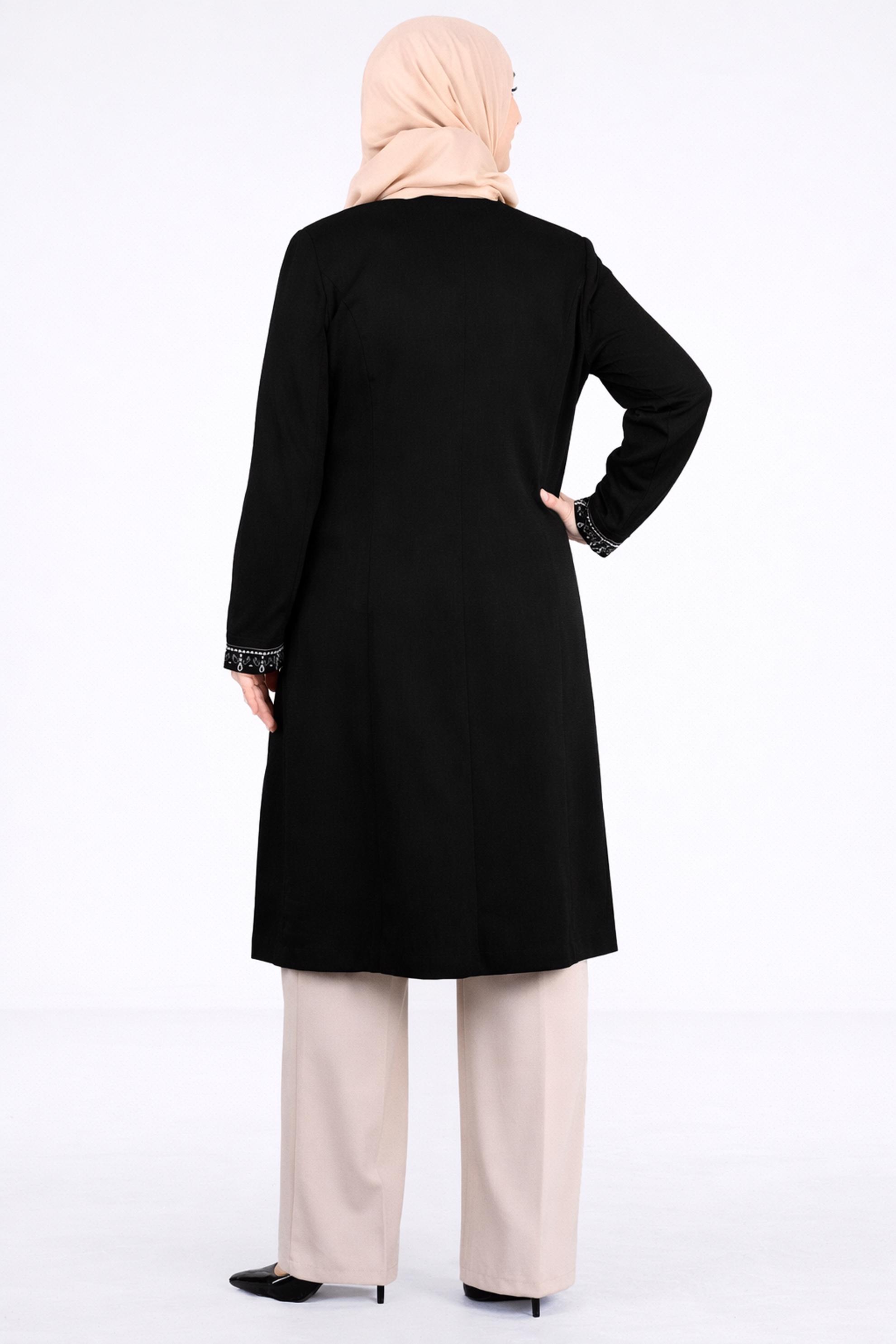 Tesettür giyim SİYAH NAKIŞLI HAKİM YAKA TRENÇKOT 1118 