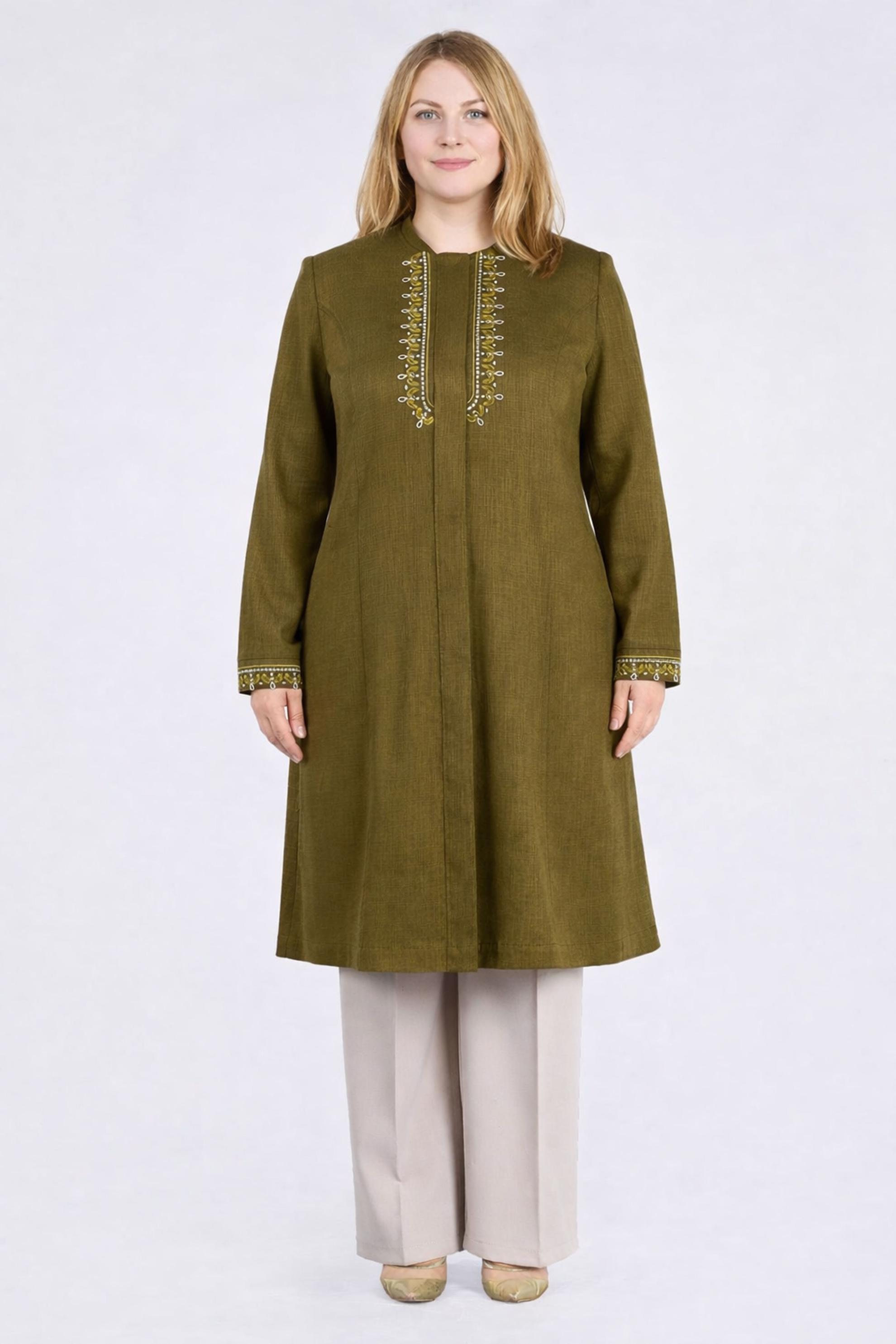 Tesettür giyim HAKİ NAKIŞLI HAKİM YAKA TRENÇKOT 1118 