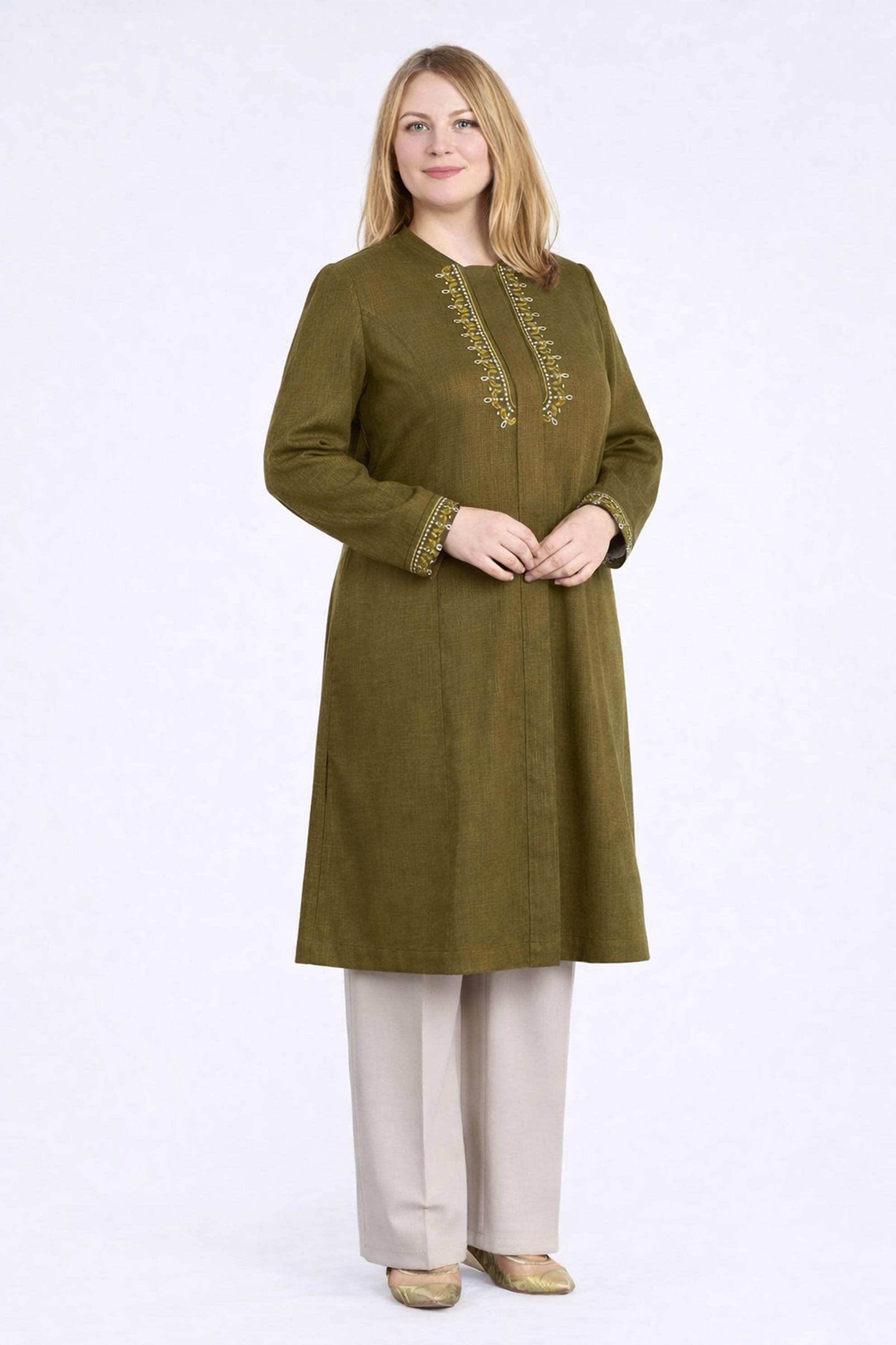 Tesettür giyim HAKİ NAKIŞLI HAKİM YAKA TRENÇKOT 1118 