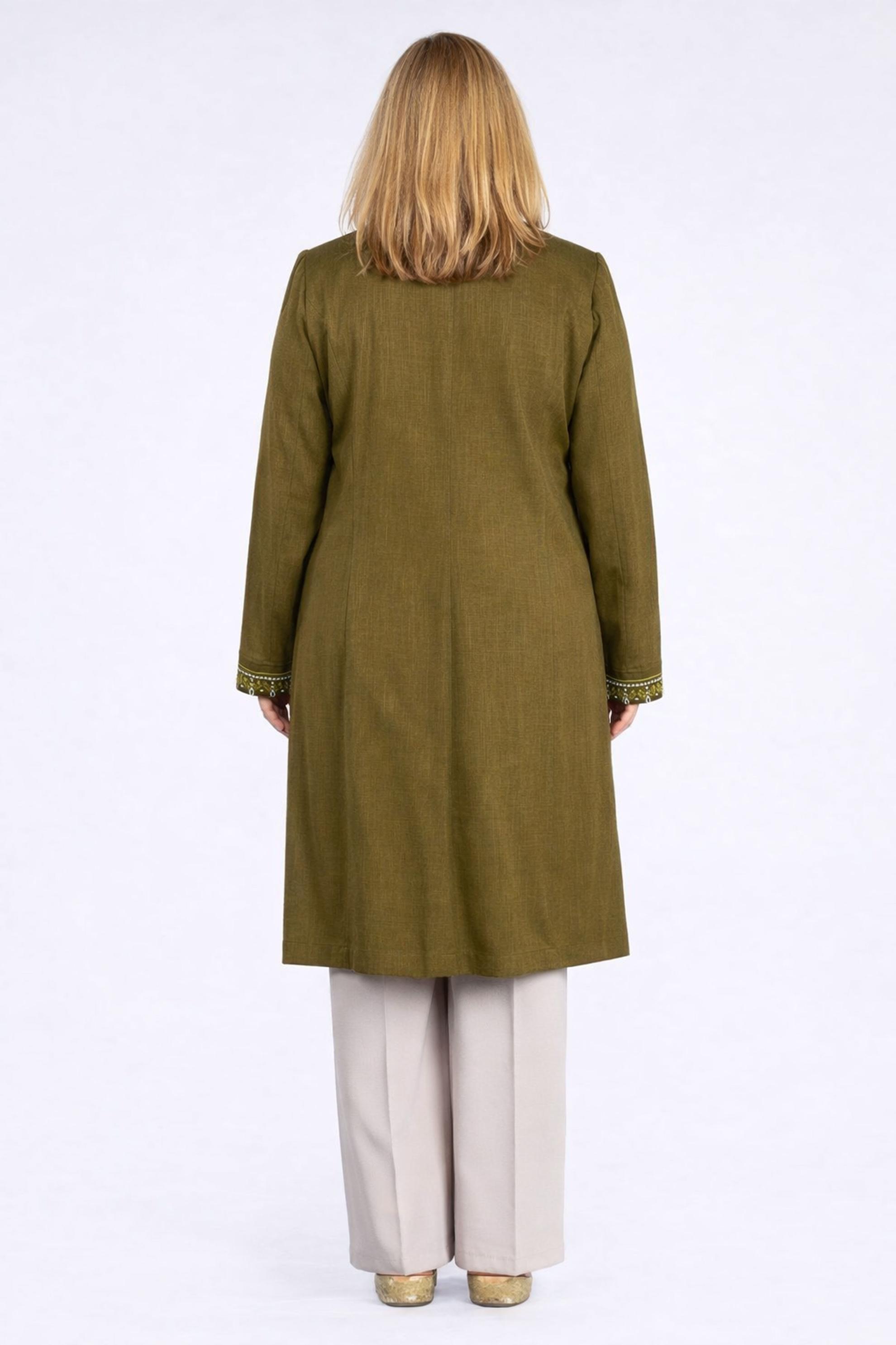 Tesettür giyim HAKİ NAKIŞLI HAKİM YAKA TRENÇKOT 1118 