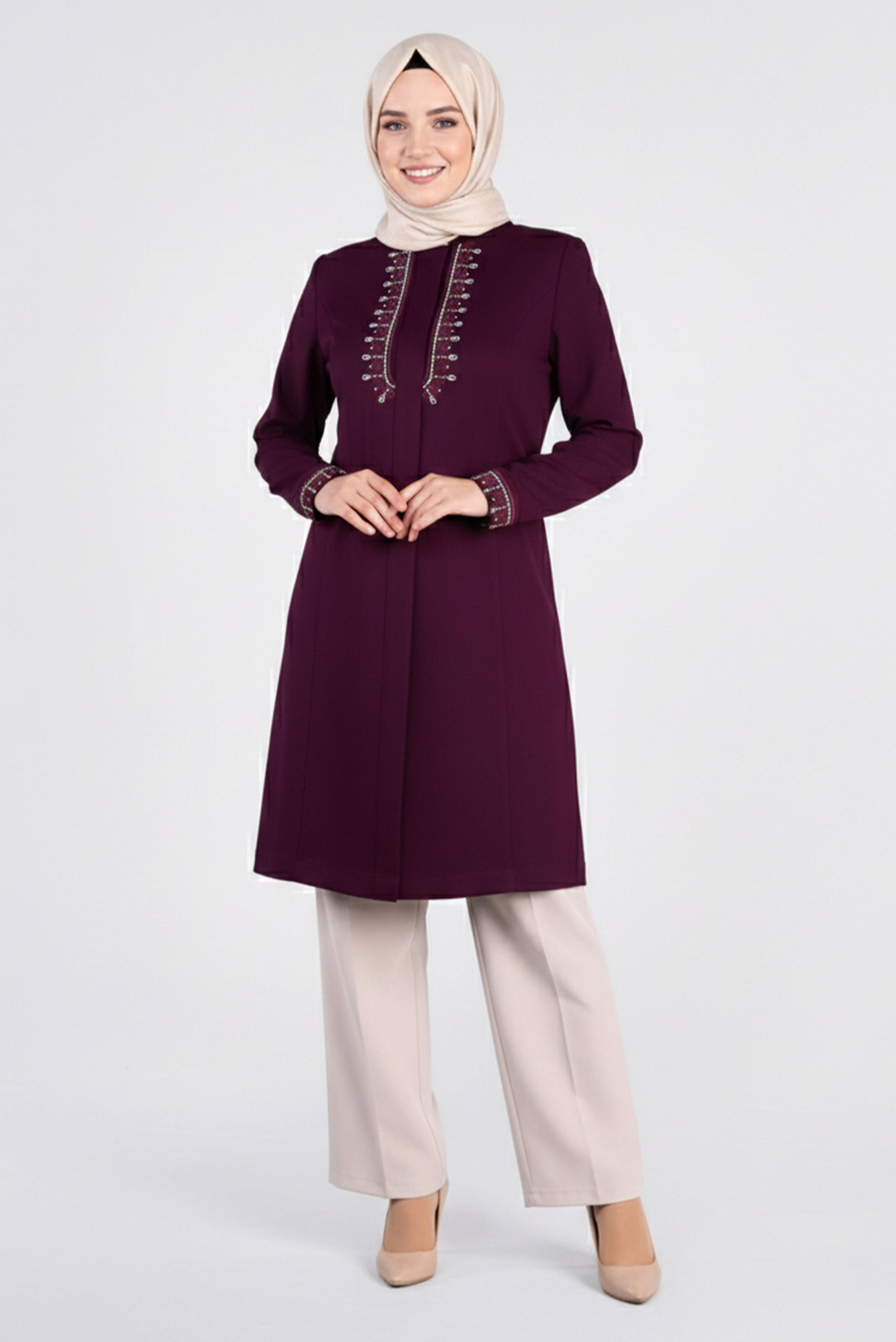Tesettür giyim MÜRDÜM NAKIŞLI HAKİM YAKA TRENÇKOT 1118 