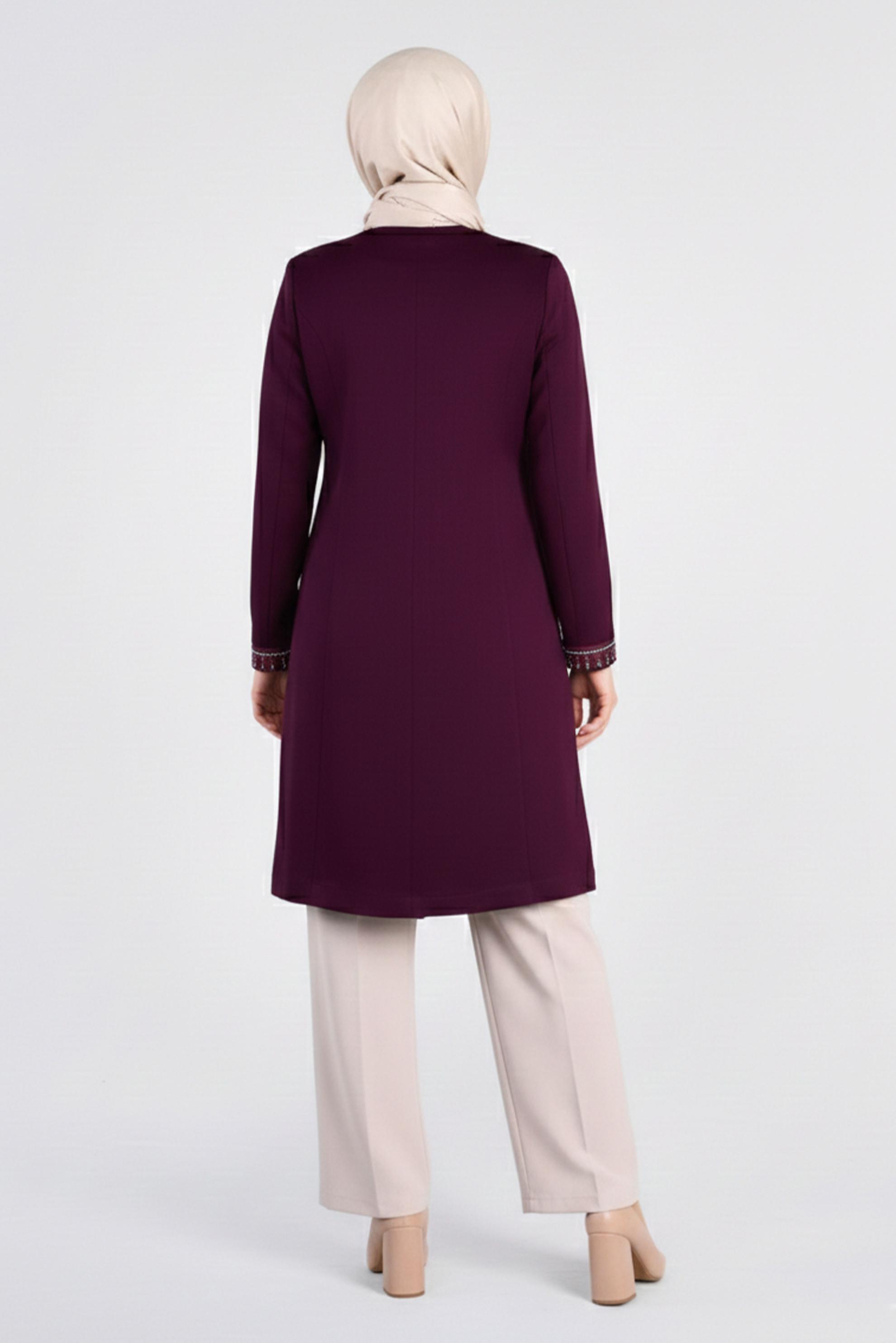 Tesettür giyim MÜRDÜM NAKIŞLI HAKİM YAKA TRENÇKOT 1118 