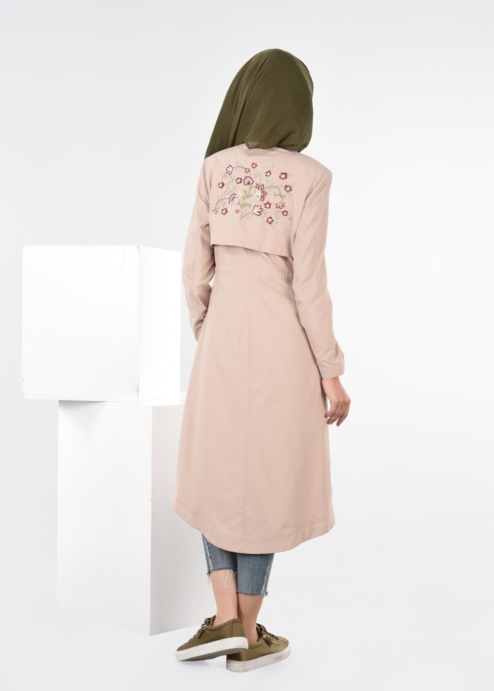 Tesettür giyim KAHVE NAKIŞLI FERMUARLI TRENÇKOT 1124 