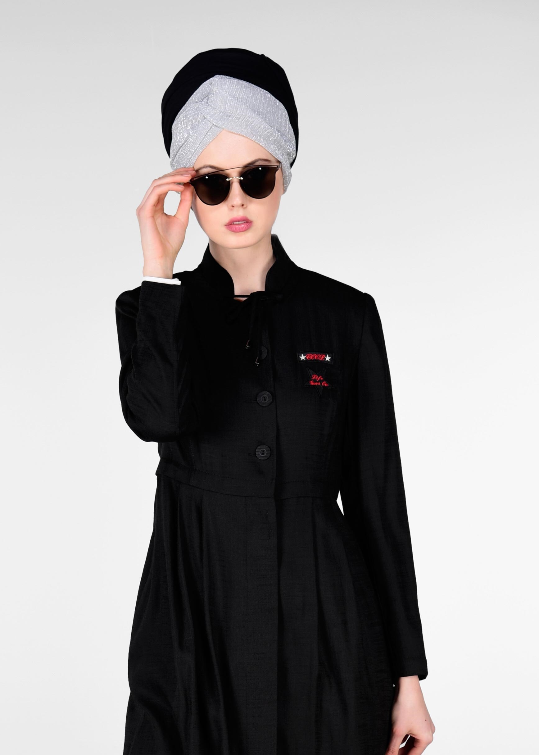 Tesettür giyim SİYAH HAKİM YAKA CEPLİ TRENÇKOT 1014-1