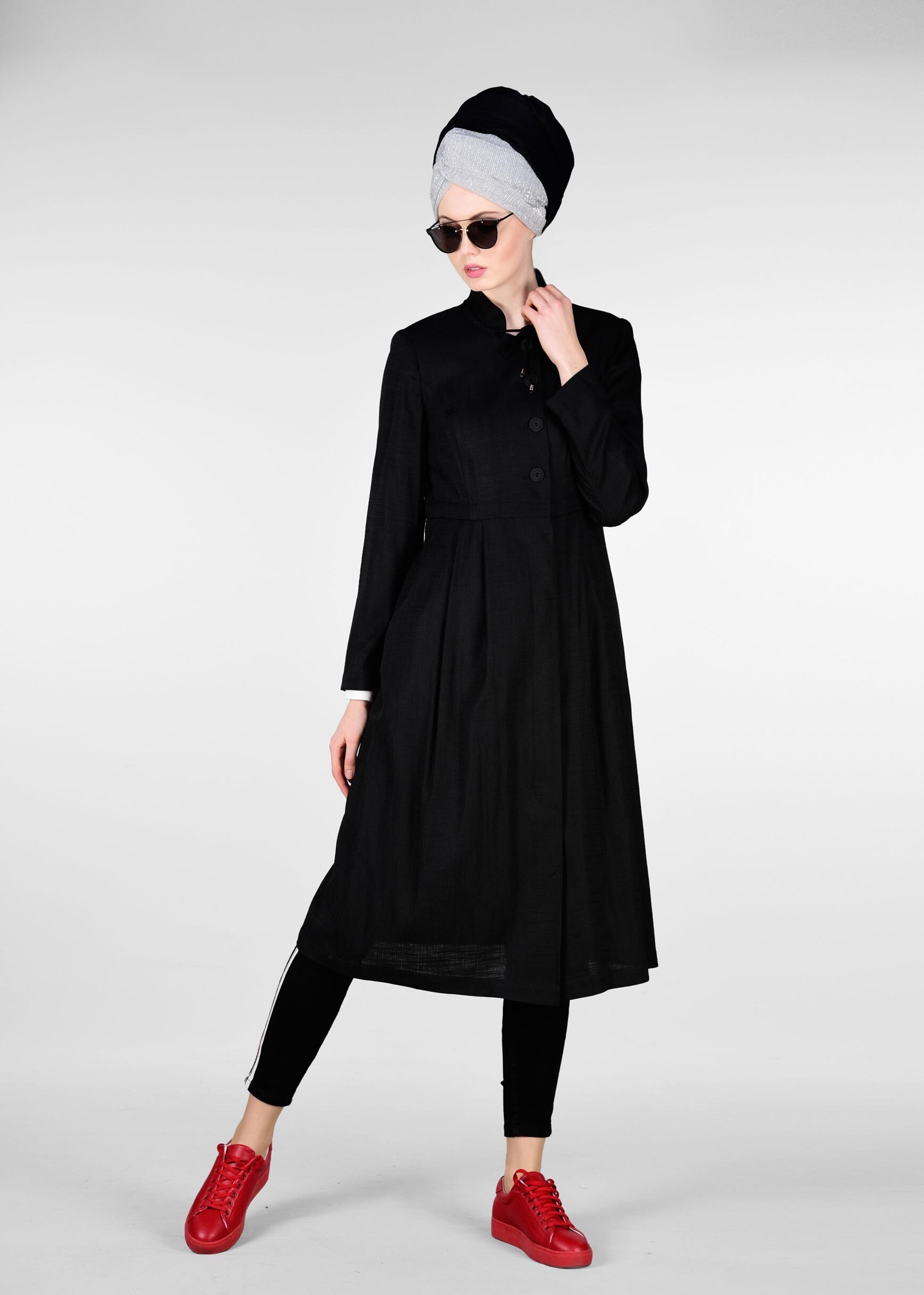 Tesettür giyim SİYAH HAKİM YAKA CEPLİ TRENÇKOT 1014-1