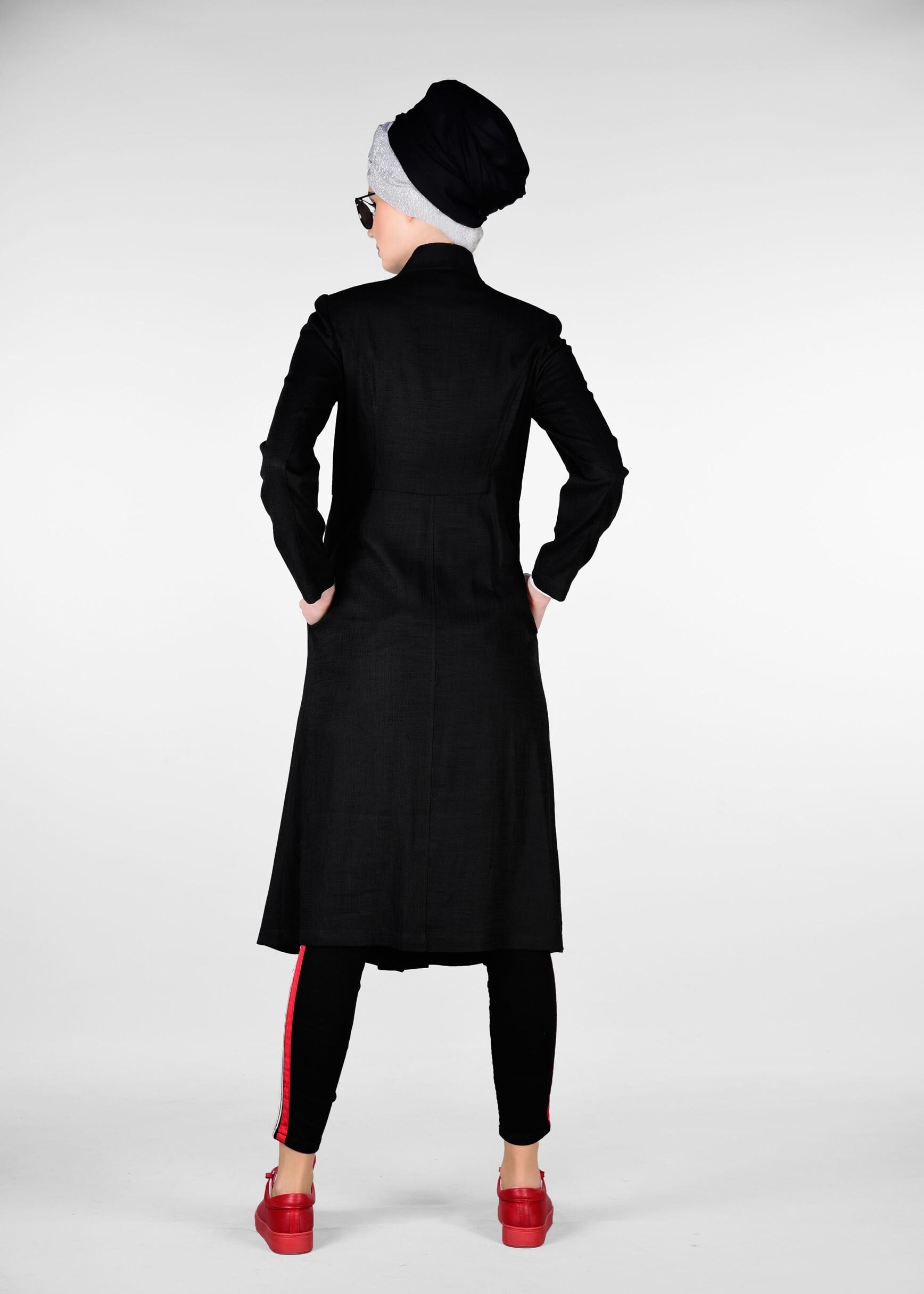 Tesettür giyim SİYAH HAKİM YAKA CEPLİ TRENÇKOT 1014-1