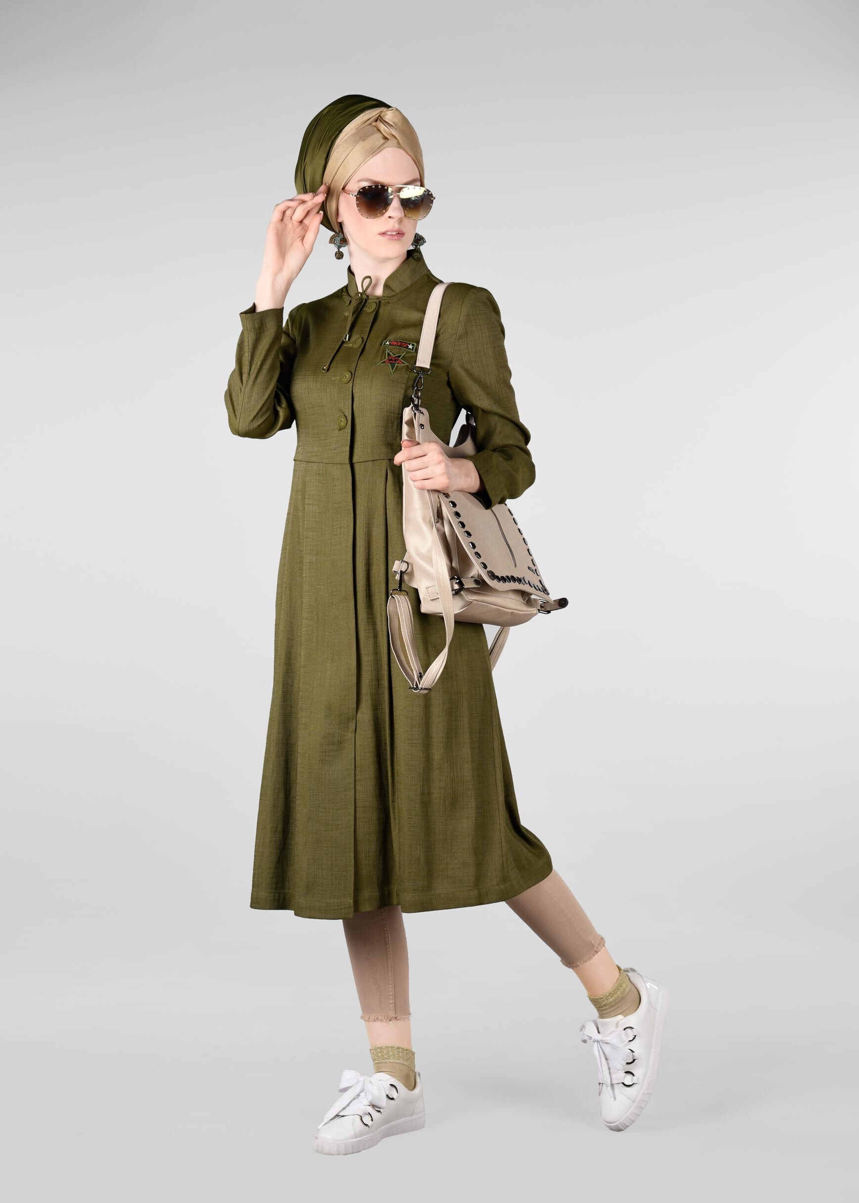 Tesettür giyim HAKİ HAKİM YAKA CEPLİ TRENÇKOT 1014-1