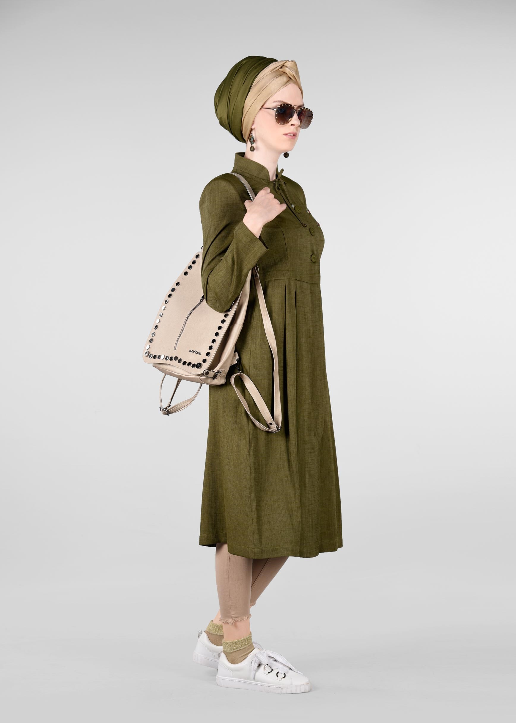 Tesettür giyim HAKİ HAKİM YAKA CEPLİ TRENÇKOT 1014-1