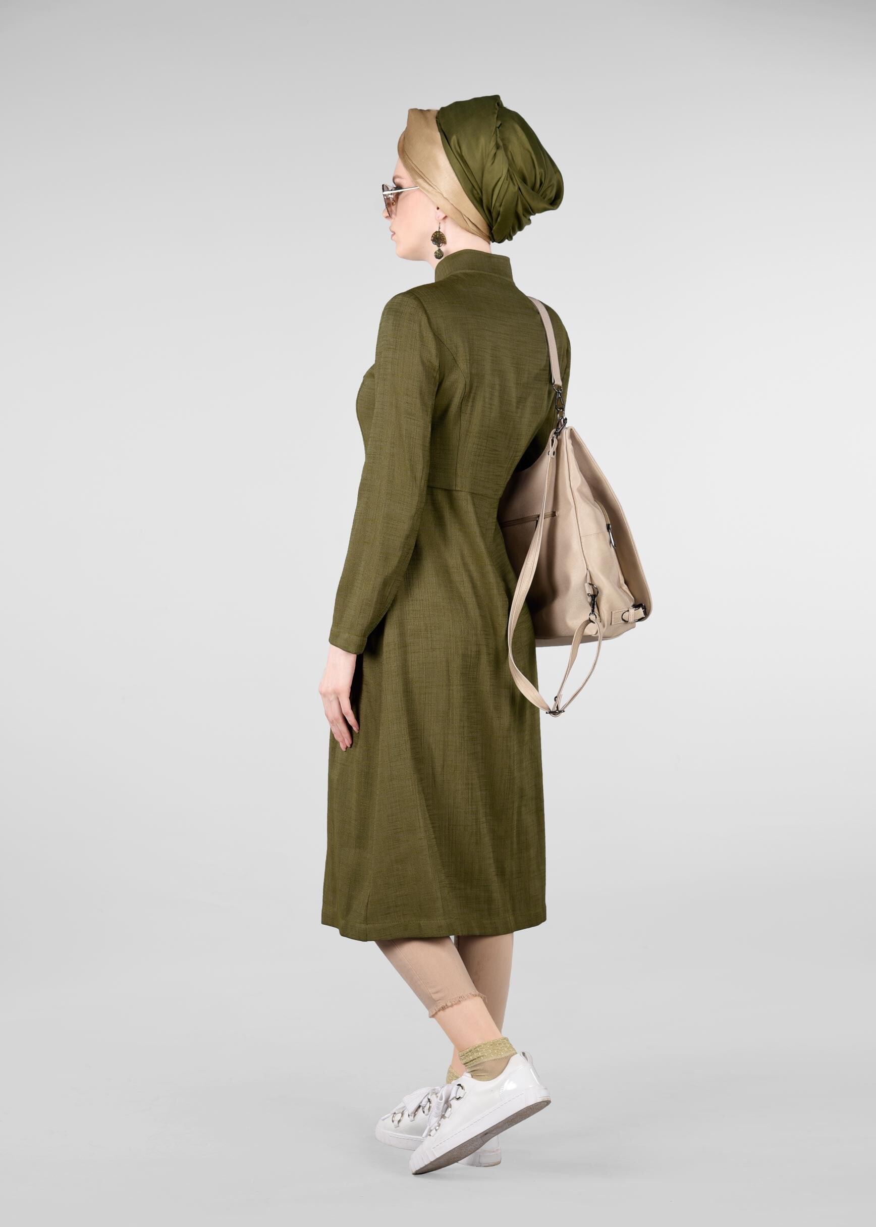 Tesettür giyim HAKİ HAKİM YAKA CEPLİ TRENÇKOT 1014-1