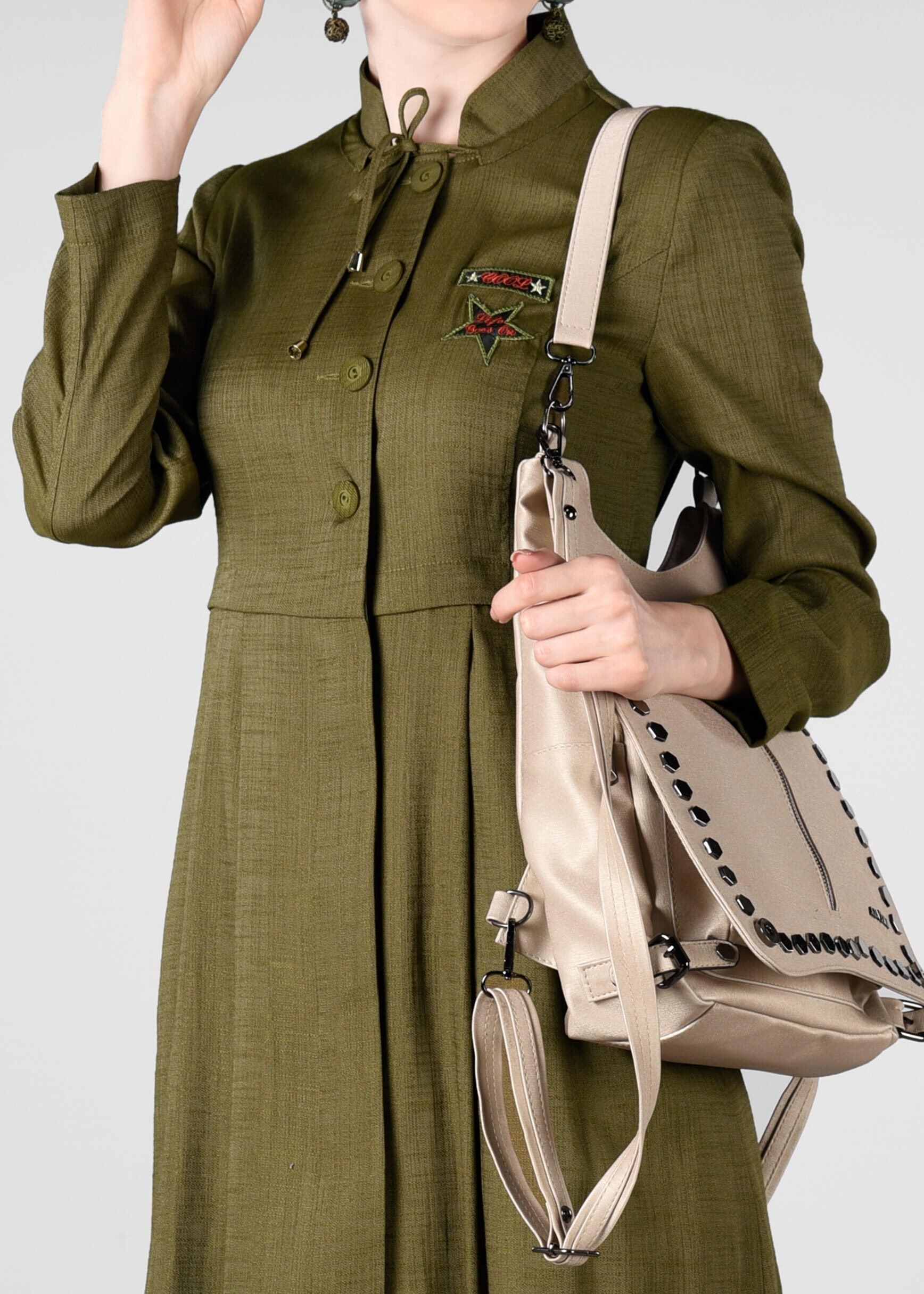 Tesettür giyim HAKİ HAKİM YAKA CEPLİ TRENÇKOT 1014-1