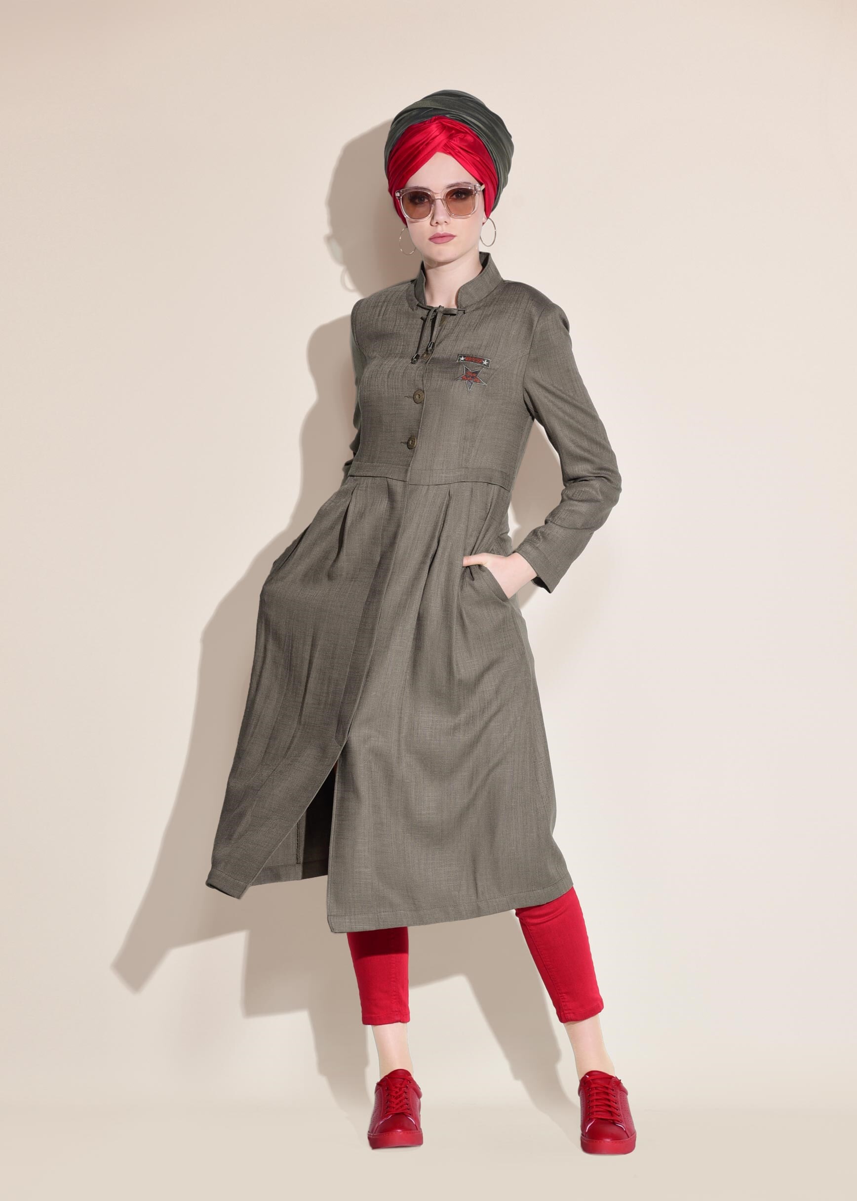 Tesettür giyim VİZON HAKİM YAKA CEPLİ TRENÇKOT 1014-1