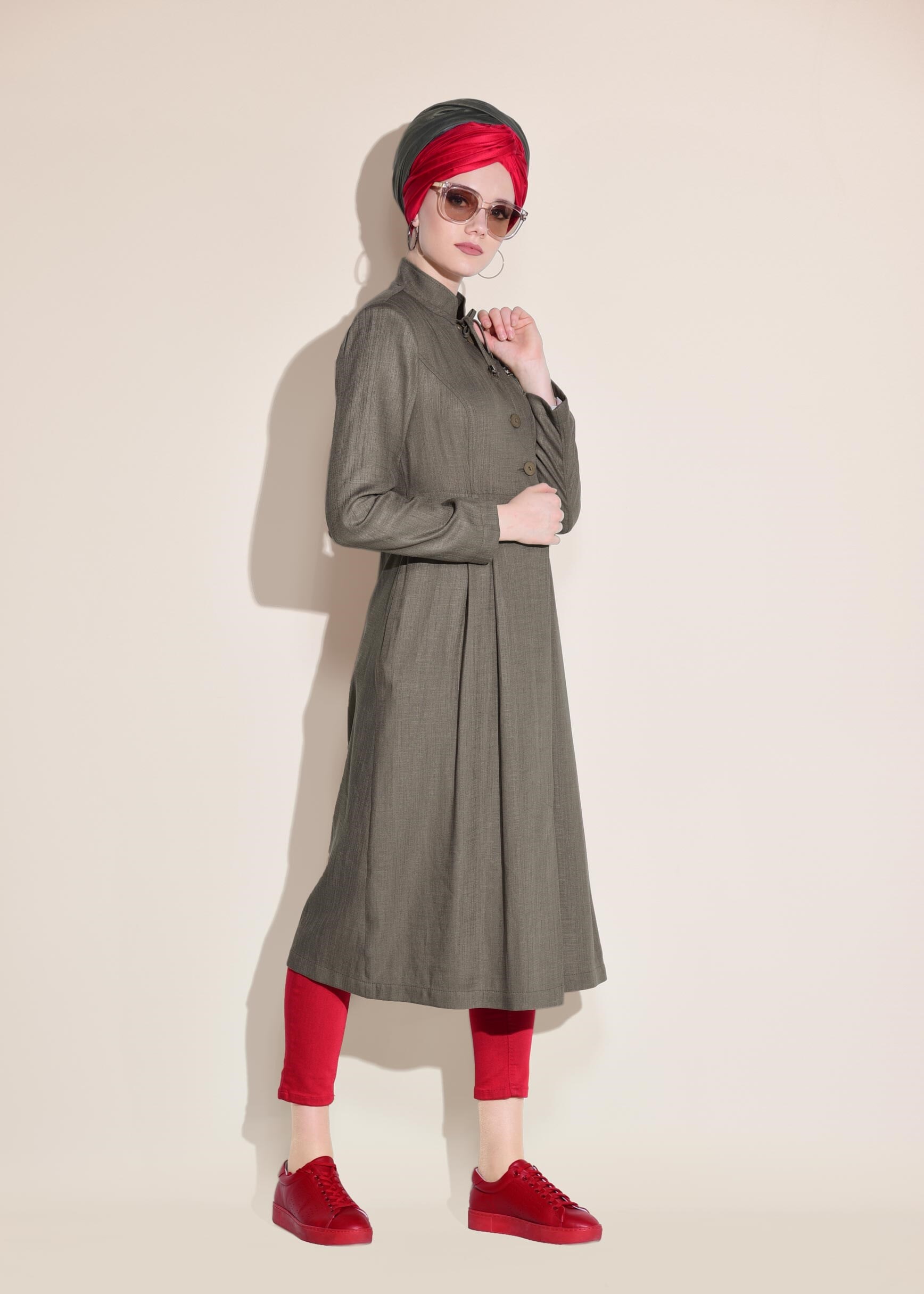 Tesettür giyim VİZON HAKİM YAKA CEPLİ TRENÇKOT 1014-1