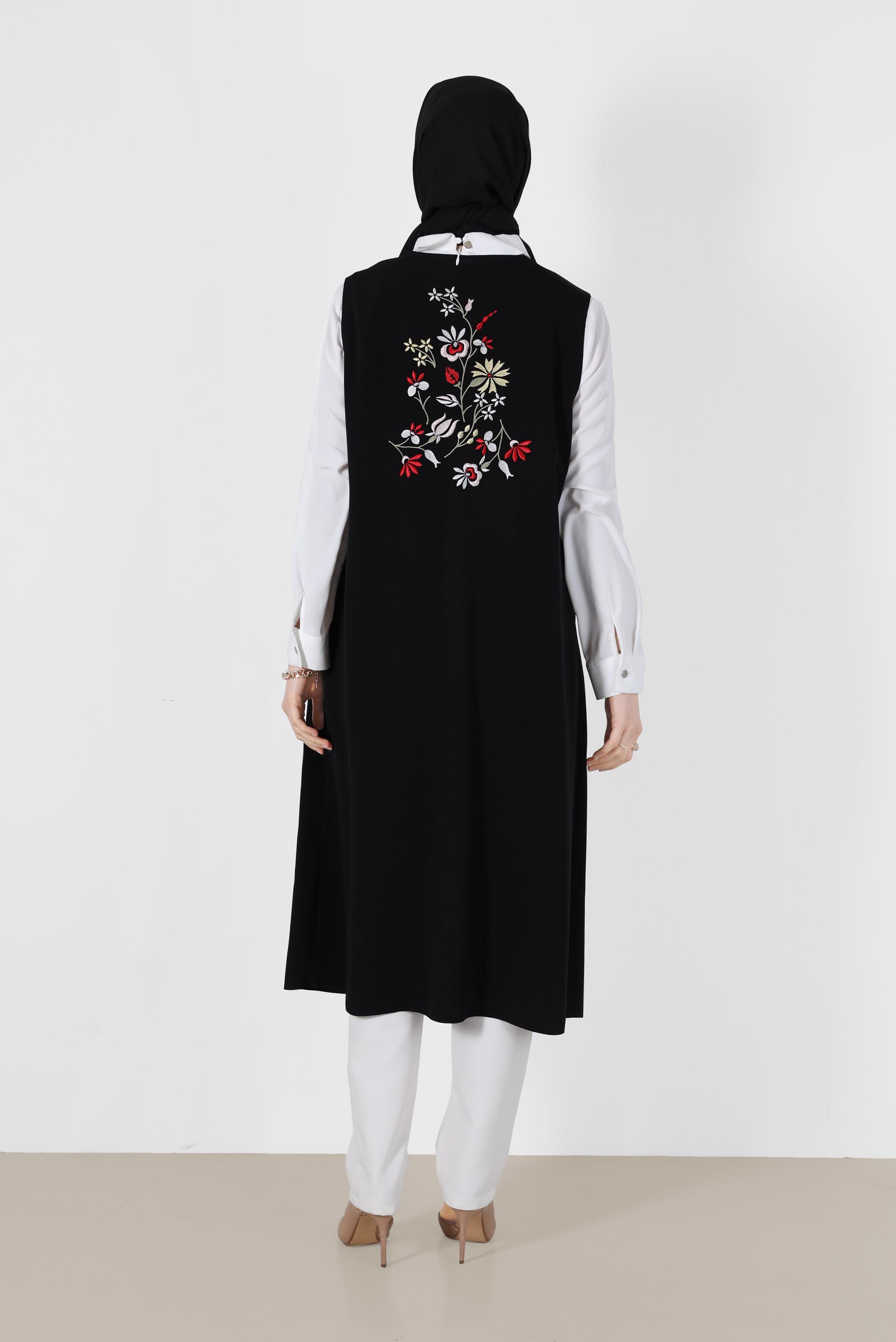 Tesettür giyim SİYAH ÇİÇEKLİ NAKIŞLI YELEK 2721 