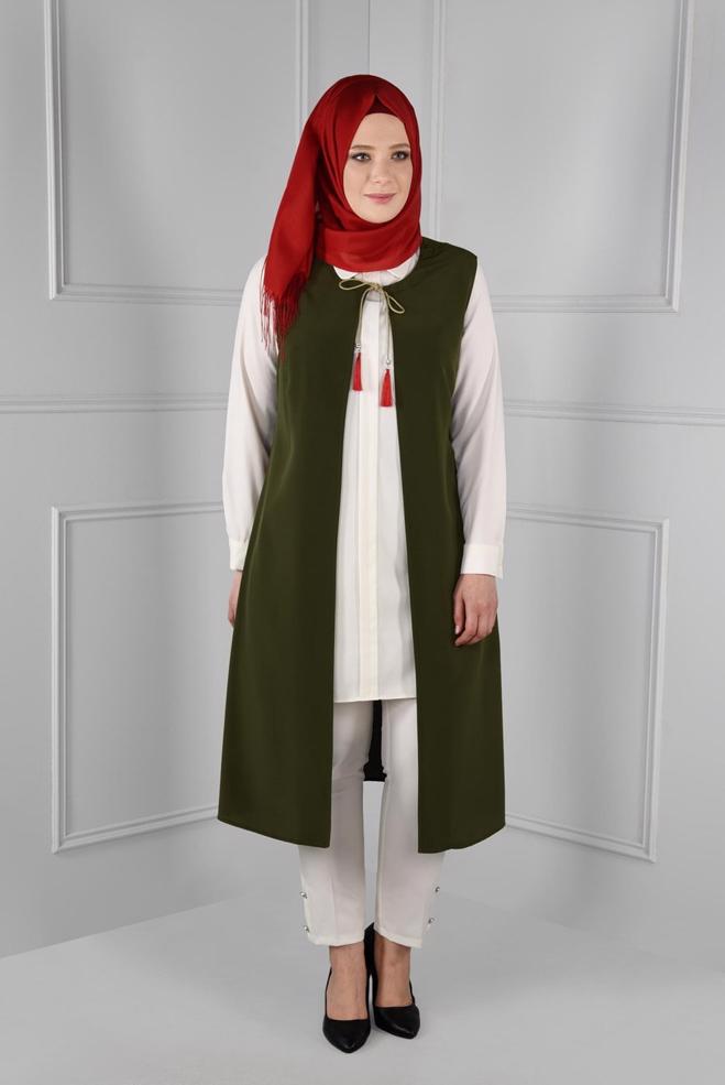 Hijab clothing KHAKI FLORAL EMBROIDERED VEST 2721  - ALVİNA