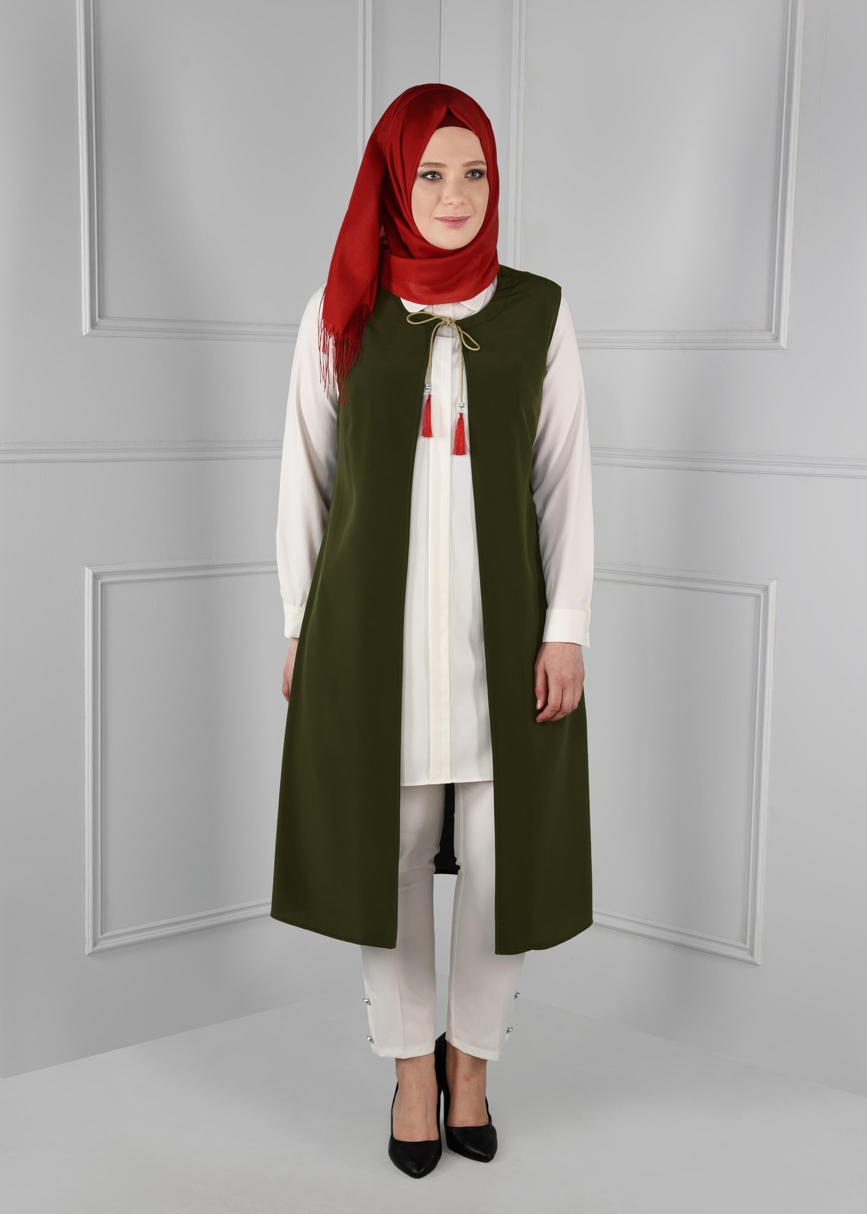 Hijab clothing KHAKI FLORAL EMBROIDERED VEST 2721 