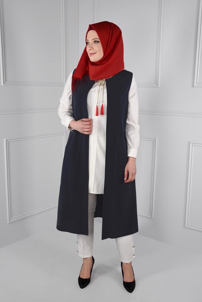 Hijab clothing NAVY BLUE FLORAL EMBROIDERED VEST 2721  - ALVİNA