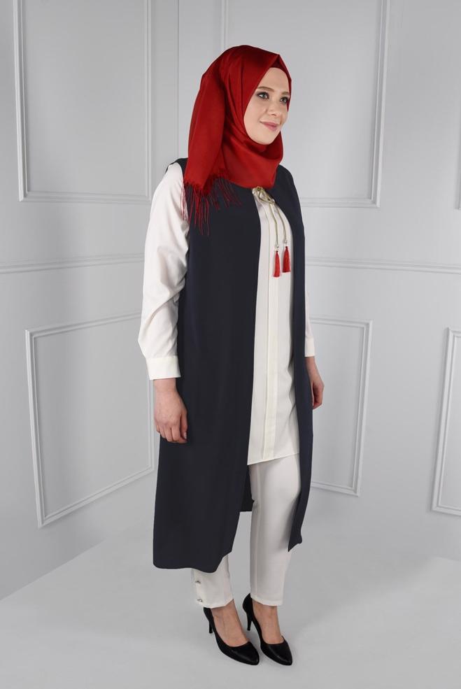 Hijab clothing NAVY BLUE FLORAL EMBROIDERED VEST 2721  - ALVİNA