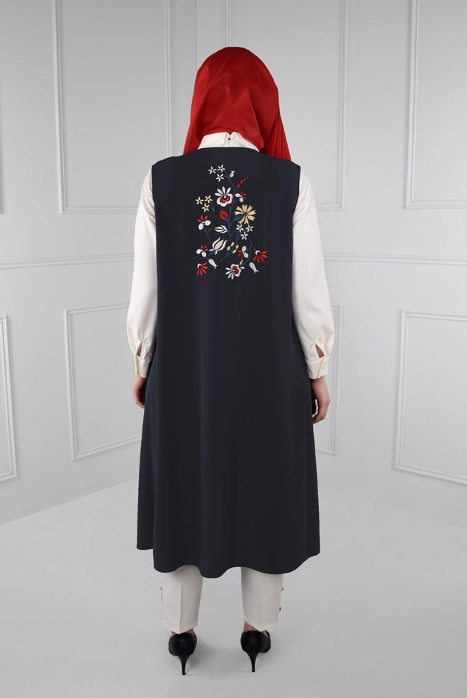 Hijab clothing NAVY BLUE FLORAL EMBROIDERED VEST 2721  - ALVİNA