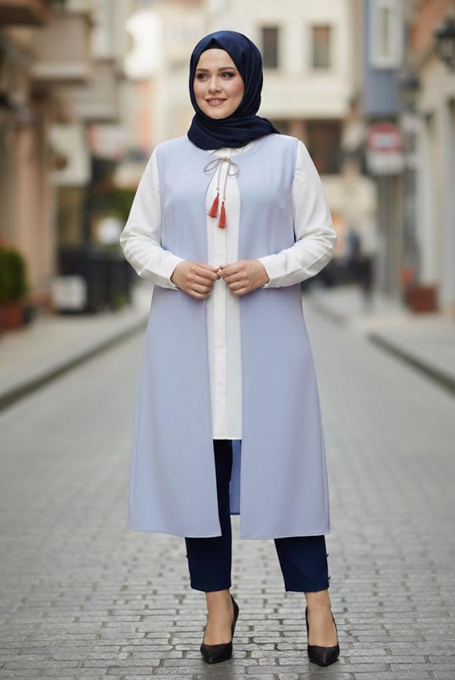 Hijab clothing BLUE FLORAL EMBROIDERED VEST 2721  - ALVİNA