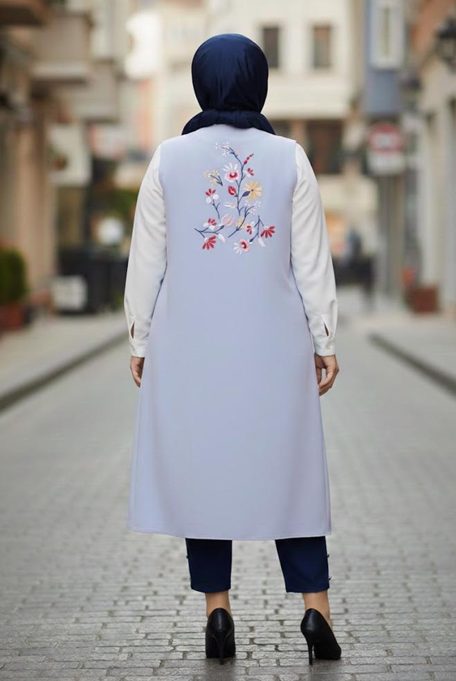 Hijab clothing BLUE FLORAL EMBROIDERED VEST 2721  - ALVİNA