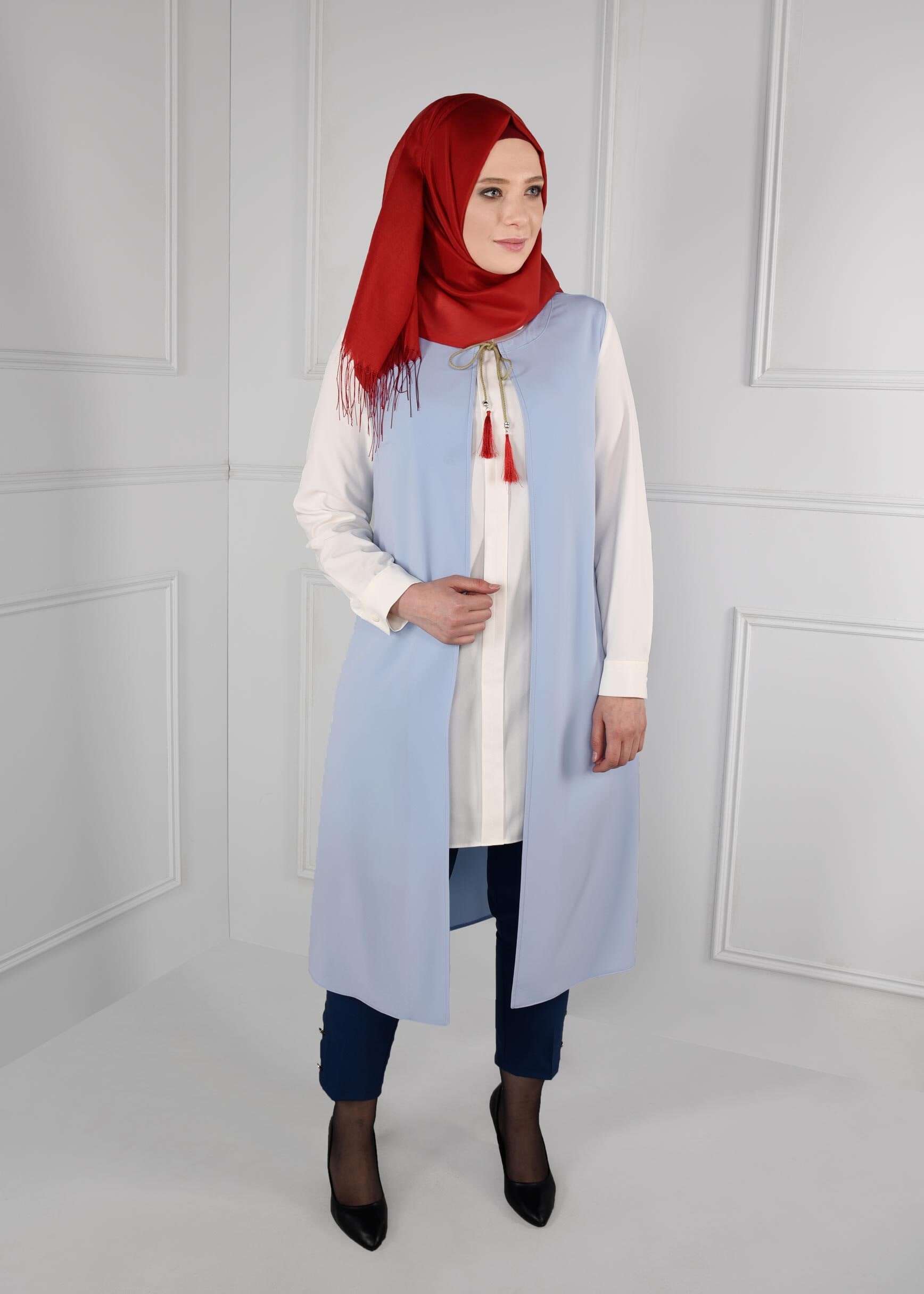 Hijab clothing BLUE FLORAL EMBROIDERED VEST 2721 