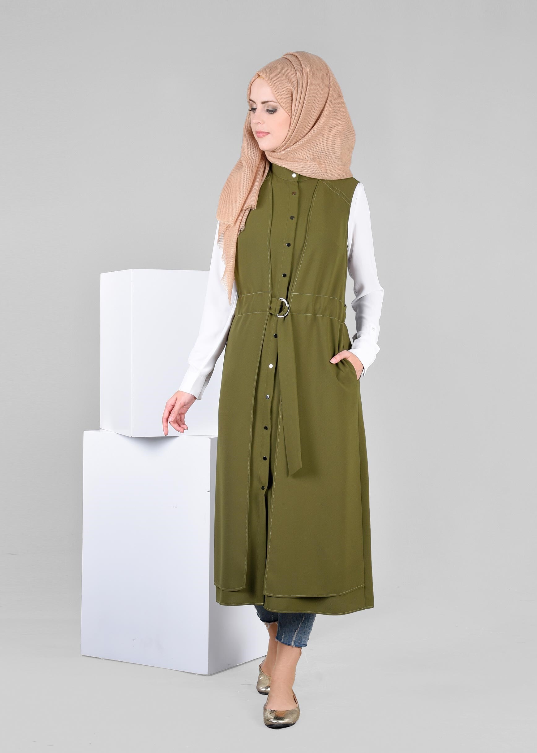 Tesettür giyim HAKİ 4128 ELVAN 3731 YELEK 38/46 TEK40